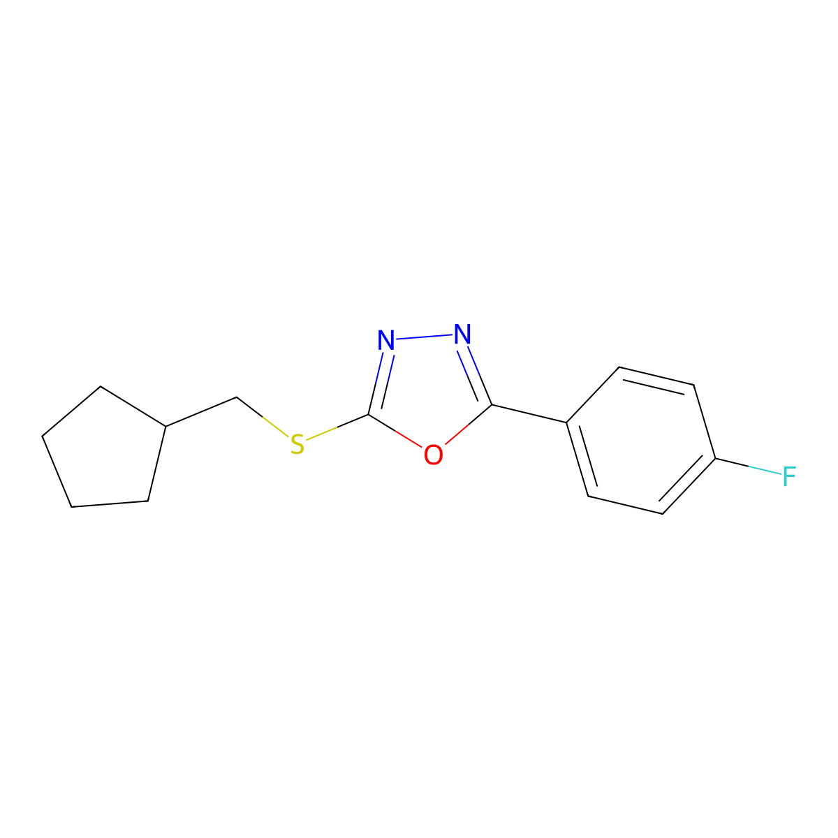 2-[(Cyclopentylmethyl)sulfanyl]-5-(4-fluorophenyl)-1,3,4-oxadiazole molecular structure, CAS 2789736-28-1