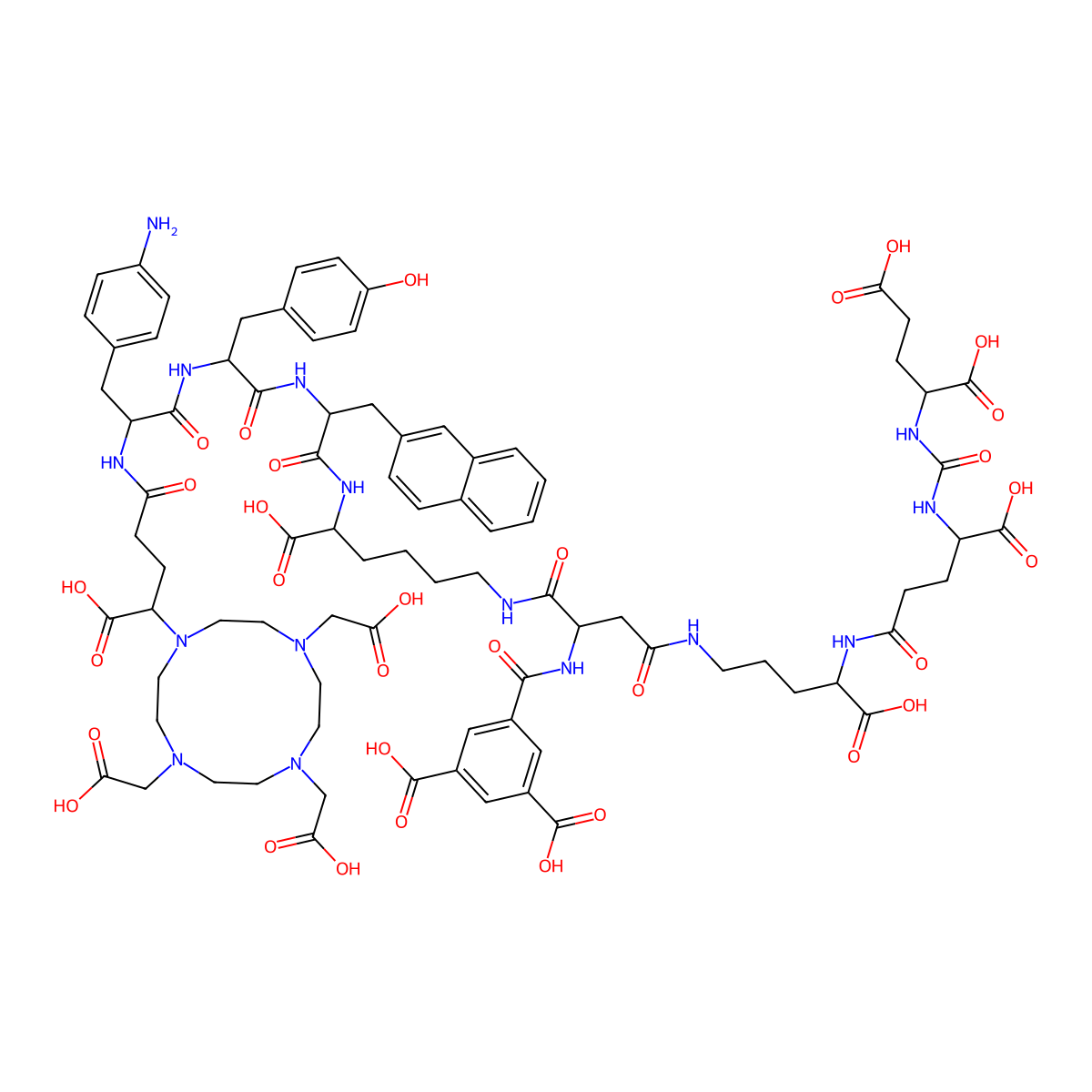5-[[(2R)-1-[[(5R)-5-[[(2R)-2-[[(2R)-2-[[(2S)-3-(4-aminophenyl)-2-[[(4R)-4-carboxy-4-[4,7,10-tris(carboxymethyl)-1,4,7,10-tetrazacyclododec-1-yl]butanoyl]amino]propanoyl]amino]-3-(4-hydroxyphenyl)propanoyl]amino]-3-naphthalen-2-ylpropanoyl]amino]-5-carboxypentyl]amino]-4-[[(4R)-4-carboxy-4-[[(4S)-4-carboxy-4-[[(1S)-1,3-dicarboxypropyl]carbamoylamino]butanoyl]amino]butyl]amino]-1,4-dioxobutan-2-yl]carbamoyl]benzene-1,3-dicarboxylic acid molecular structure, CAS 2790413-59-9