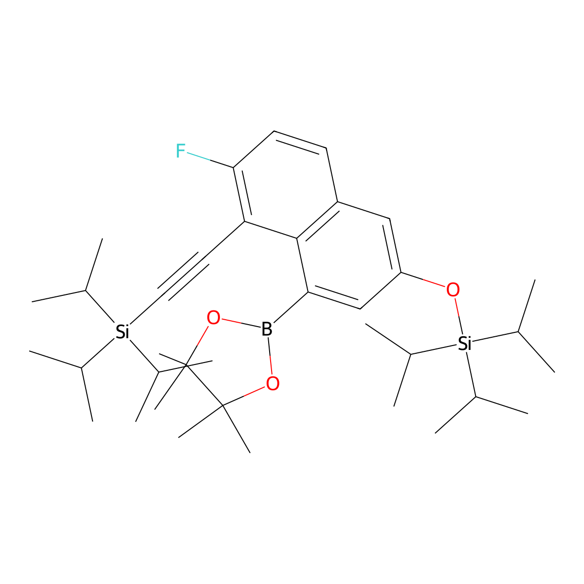 ((6-Fluoro-4-(4,4,5,5-tetramethyl-1,3,2-dioxaborolan-2-yl)-5-((triisopropylsilyl)ethynyl)naphthalen-2-yl)oxy)triisopropylsilane molecular structure, CAS 2791277-41-1