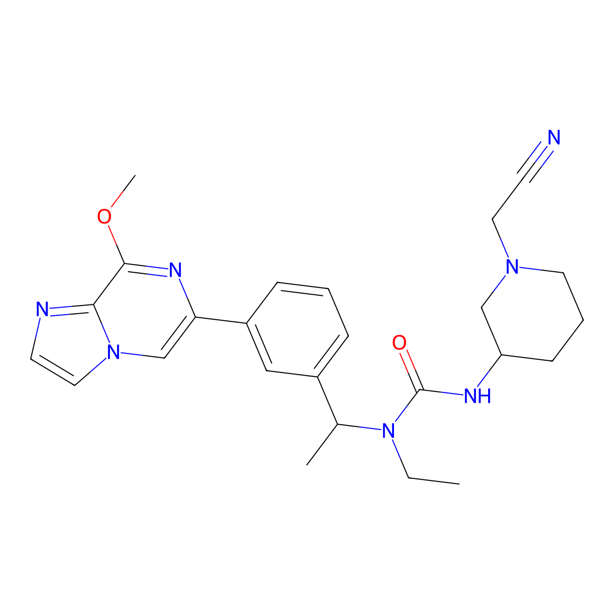 3-((R)-1-(cyanomethyl)piperidin-3-yl)-1-ethyl-1-((R)-1-(3-(8-methoxyimidazo[1,2-a]pyrazin-6-yl)phenyl)ethyl)urea molecular structure, CAS 2791309-05-0