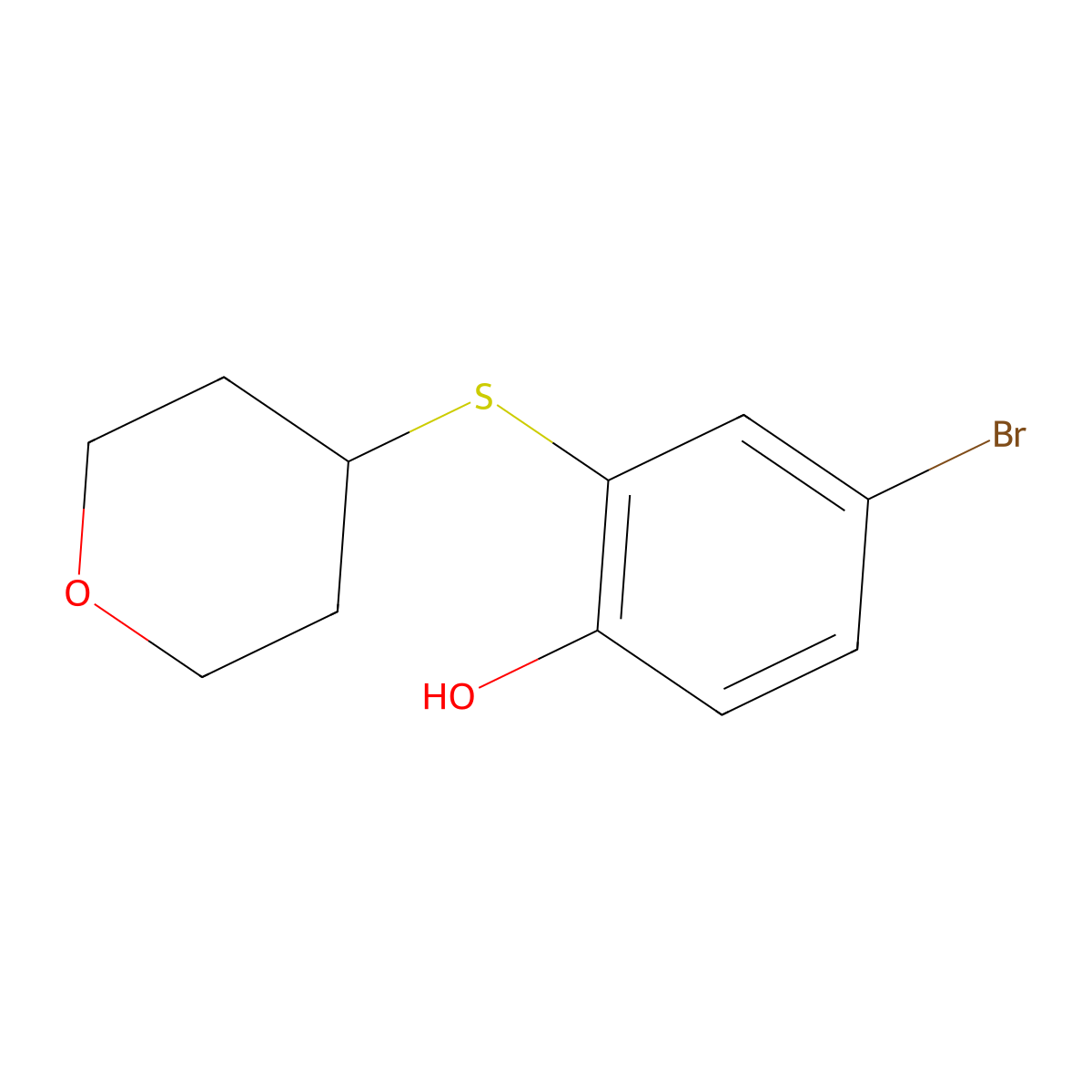 4-Bromo-2-(oxan-4-ylsulfanyl)phenol molecular structure, CAS 2792202-03-8