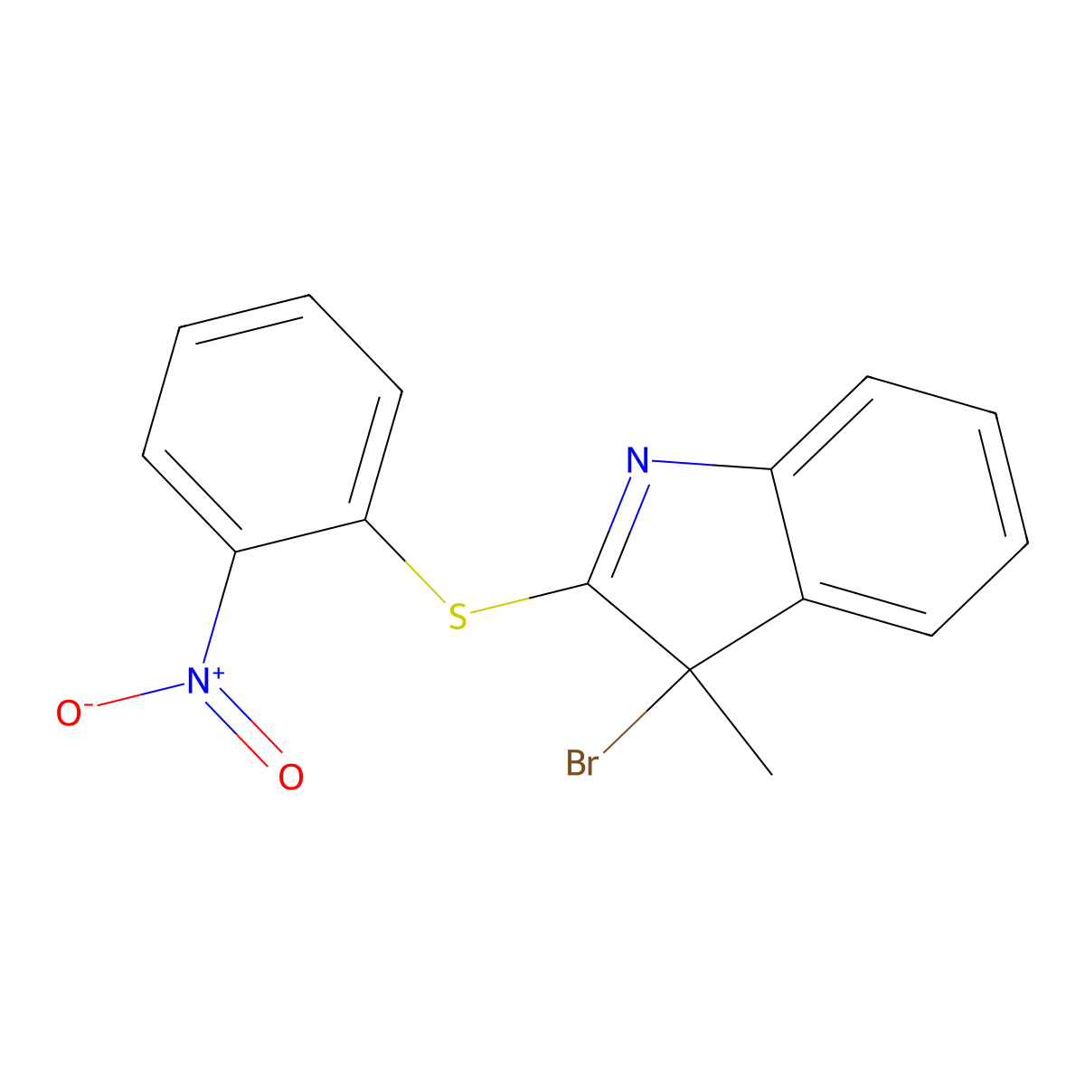 3-Bromo-3-methyl-2-((2-nitrophenyl)thio)-3H-indole molecular structure, CAS 27933-36-4