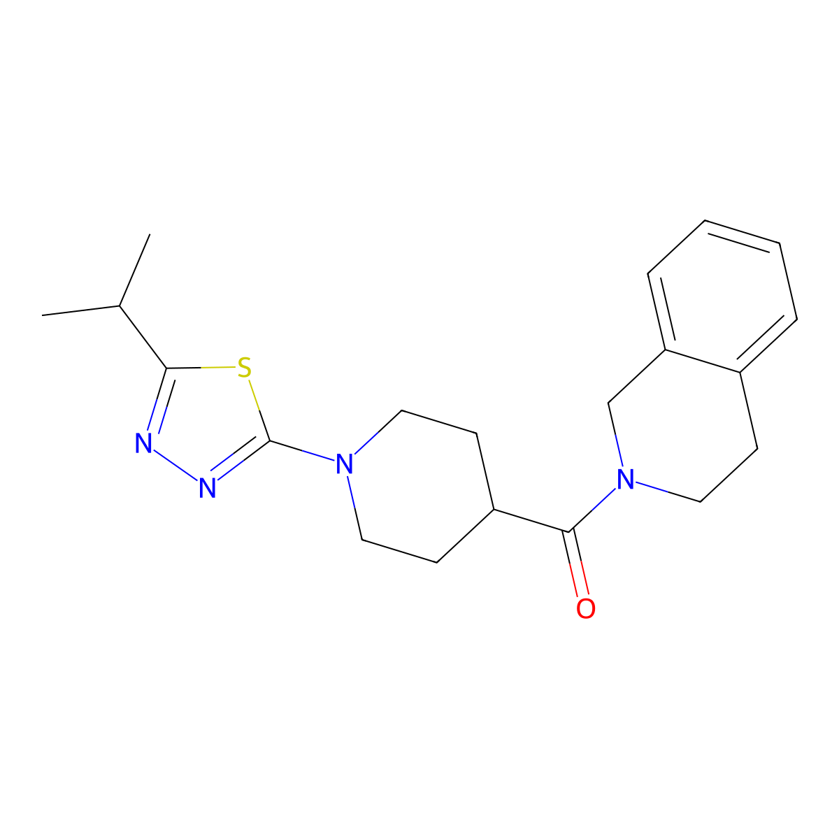 2-{1-[5-(Propan-2-yl)-1,3,4-thiadiazol-2-yl]piperidine-4-carbonyl}-1,2,3,4-tetrahydroisoquinoline molecular structure, CAS 2793827-68-4