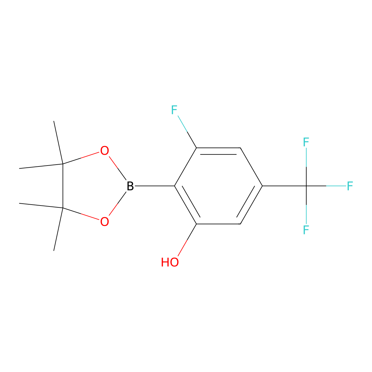 3-Fluoro-2-(4,4,5,5-tetramethyl-1,3,2-dioxaborolan-2-yl)-5-(trifluoromethyl)phenol molecular structure, CAS 2795102-48-4
