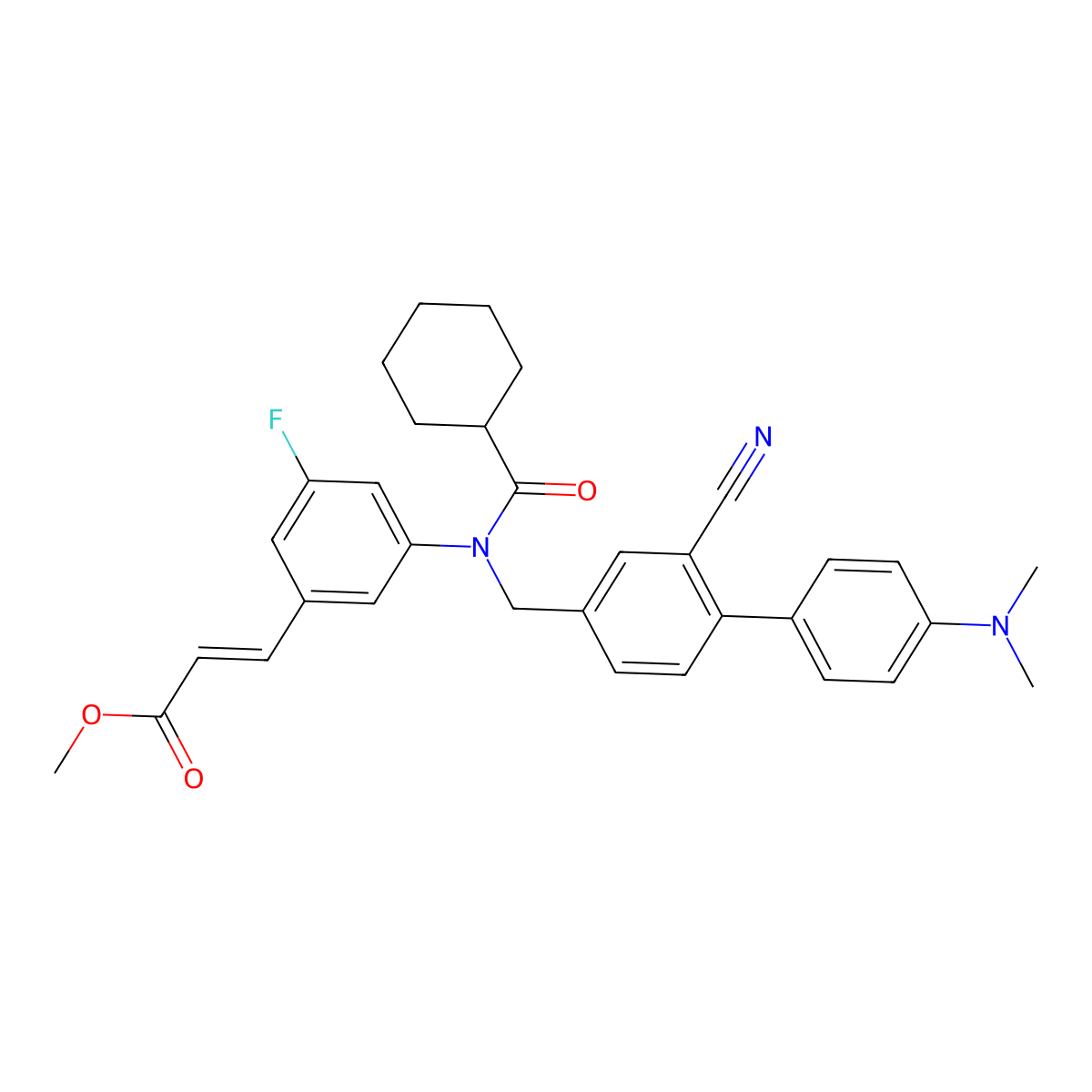 Methyl (E)-3-[3-[N-[[2-cyano-4'-(dimethylamino)-4-biphenylyl]methyl]cyclohexanecarboxamido]-5-fluorophenyl]acrylate molecular structure, CAS 2796989-75-6