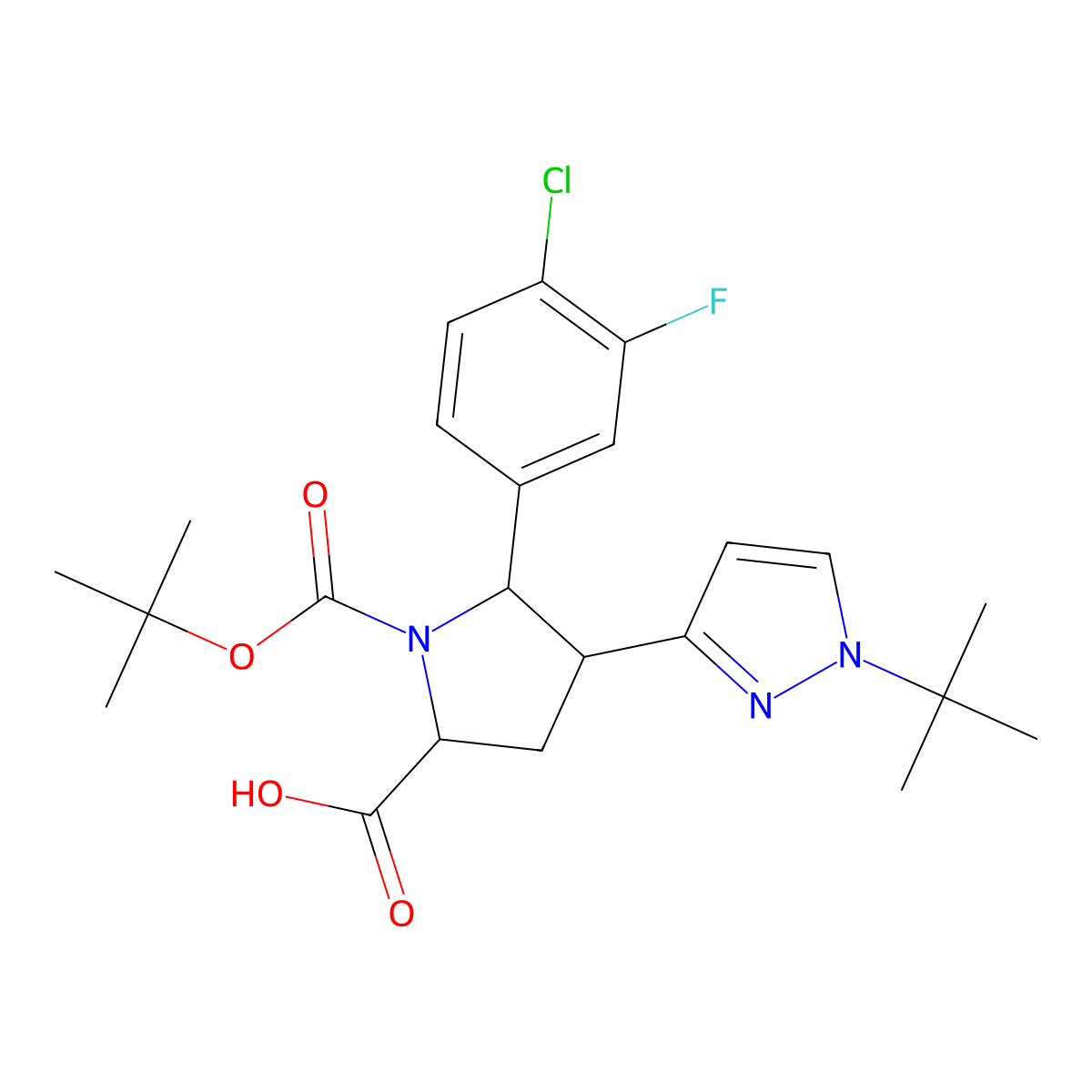 rac-(2R,5S)-1-(tert-butoxycarbonyl)-4-(1-(tert-butyl)-1H-pyrazol-3-yl)-5-(4-chloro-3-fluorophenyl)pyrrolidine-2-carboxylic acid molecular structure, CAS 2797139-07-0