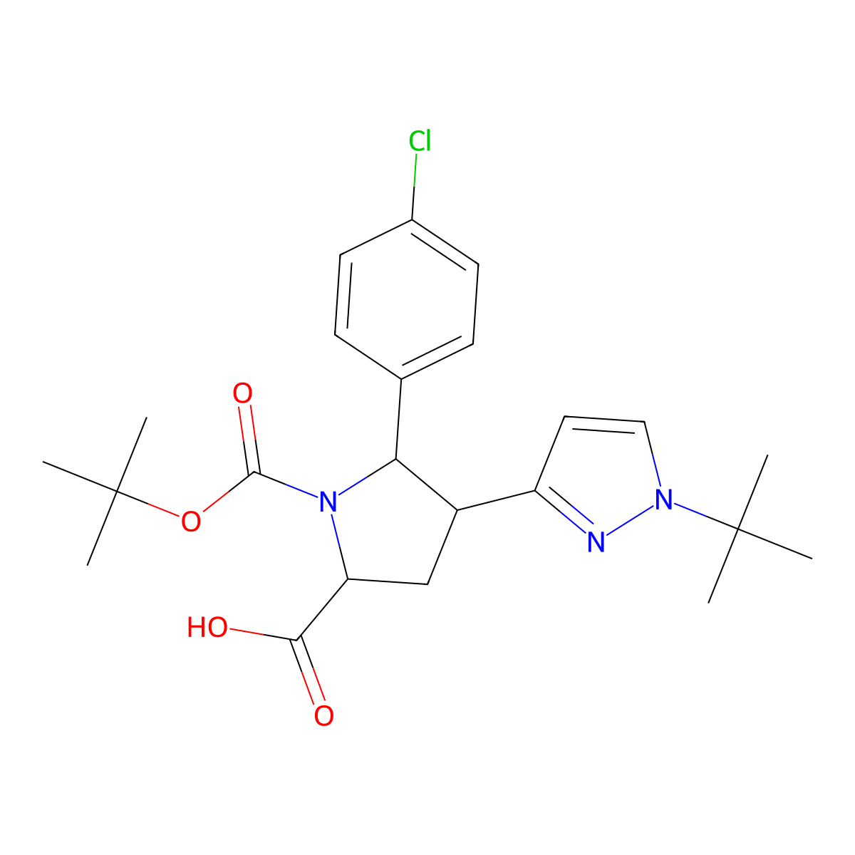 rac-(2R,5S)-1-(tert-butoxycarbonyl)-4-(1-(tert-butyl)-1H-pyrazol-3-yl)-5-(4-chlorophenyl)pyrrolidine-2-carboxylic acid molecular structure, CAS 2797139-44-5