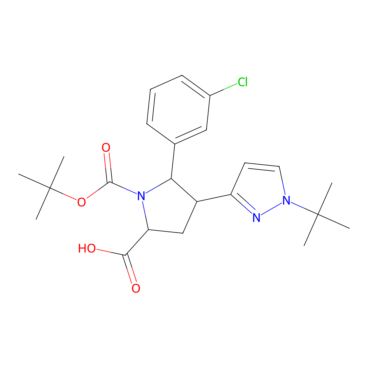 rac-(2R,5S)-1-(tert-butoxycarbonyl)-4-(1-(tert-butyl)-1H-pyrazol-3-yl)-5-(3-chlorophenyl)pyrrolidine-2-carboxylic acid molecular structure, CAS 2797140-76-0