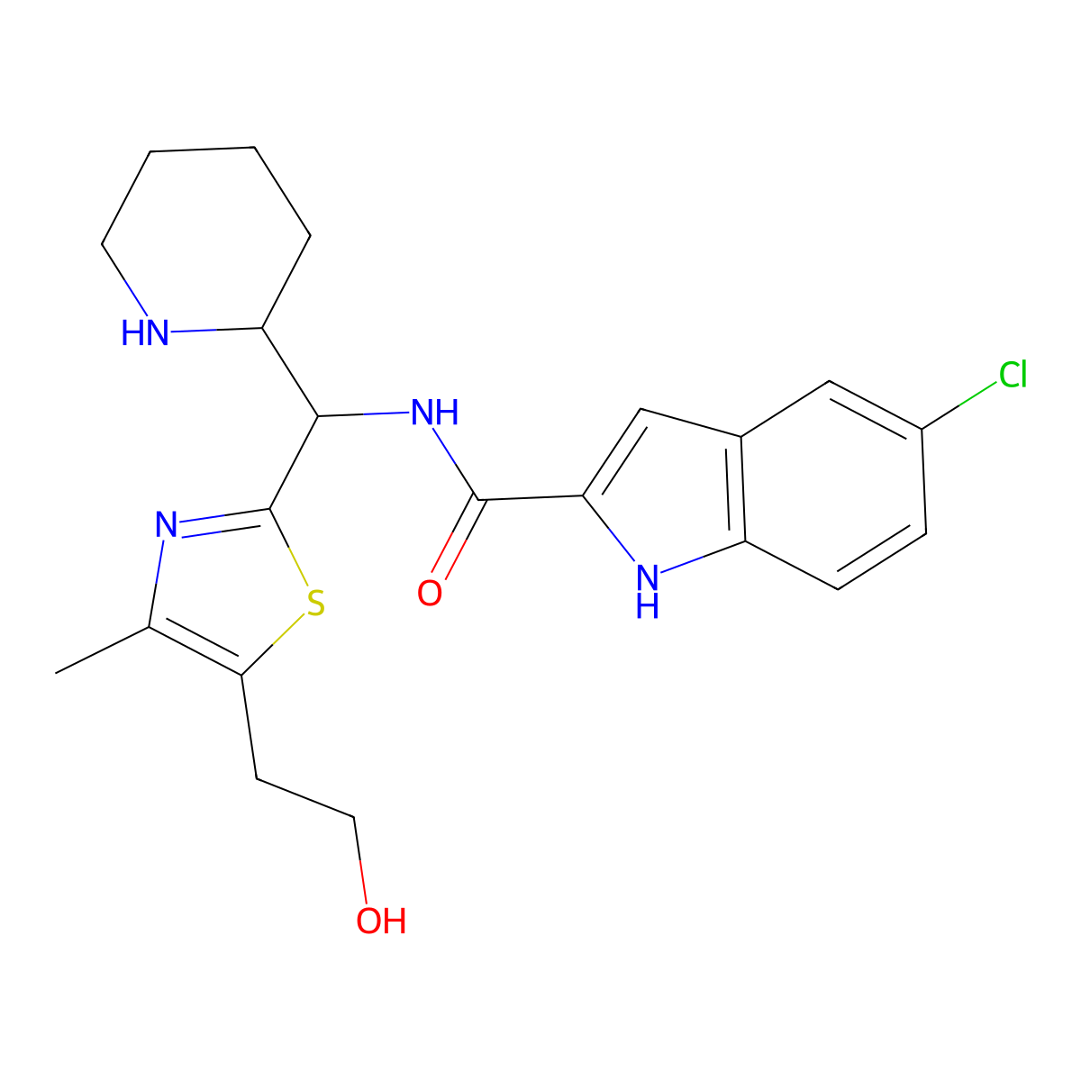 5-chloro-N-((5-(2-hydroxyethyl)-4-methylthiazol-2-yl)(piperidin-2-yl)methyl)-1H-indole-2-carboxamide molecular structure, CAS 2797468-96-1