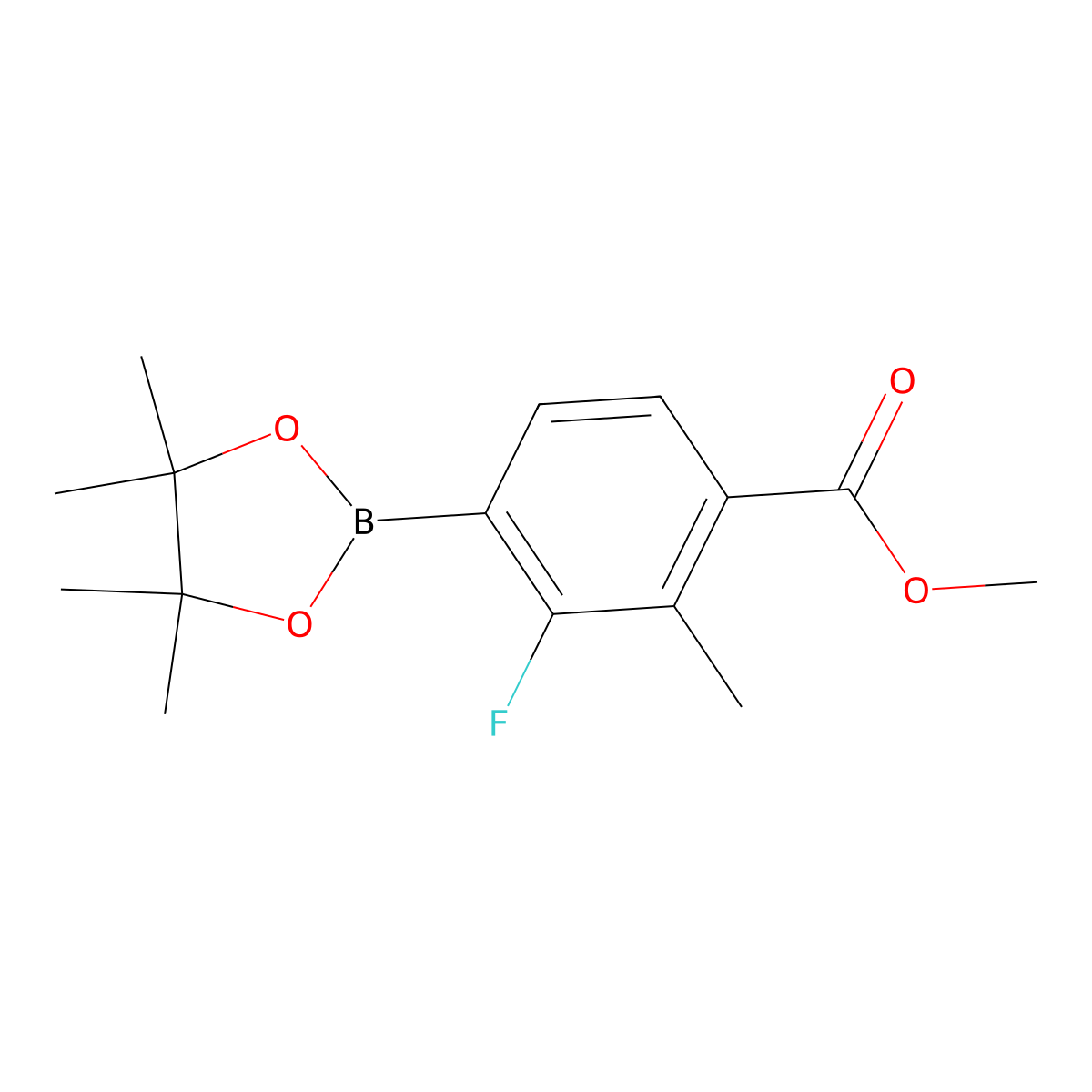 Methyl 3-fluoro-2-methyl-4-(4,4,5,5-tetramethyl-1,3,2-dioxaborolan-2-yl)benzoate molecular structure, CAS 2797942-17-5