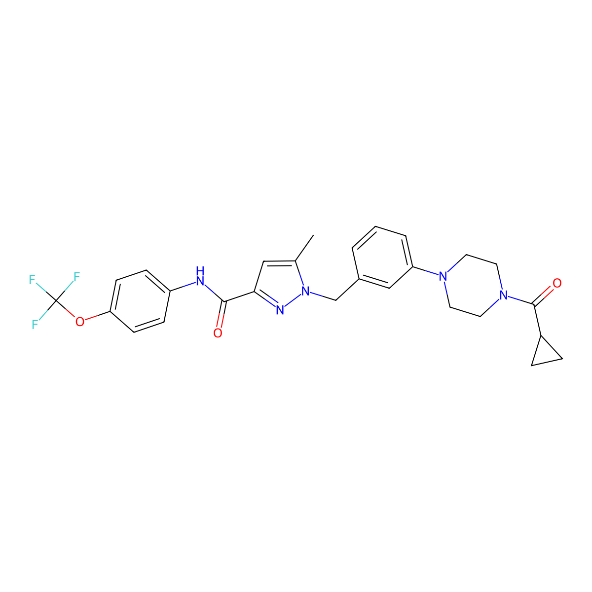 1-[[3-[4-(cyclopropanecarbonyl)piperazin-1-yl]phenyl]methyl]-5-methyl-N-[4-(trifluoromethoxy)phenyl]pyrazole-3-carboxamide molecular structure, CAS 2798953-61-2