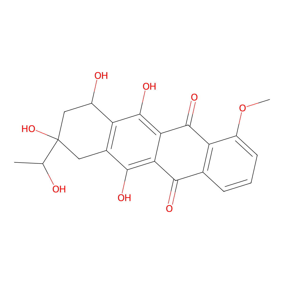 5,12-Naphthacenedione, 7,8,9,10-tetrahydro-6,8,10,11-tetrahydroxy-8-(1S)-1-hydroxyethyl-1-methoxy-, (8S,10S)- molecular structure, CAS 28008-51-7