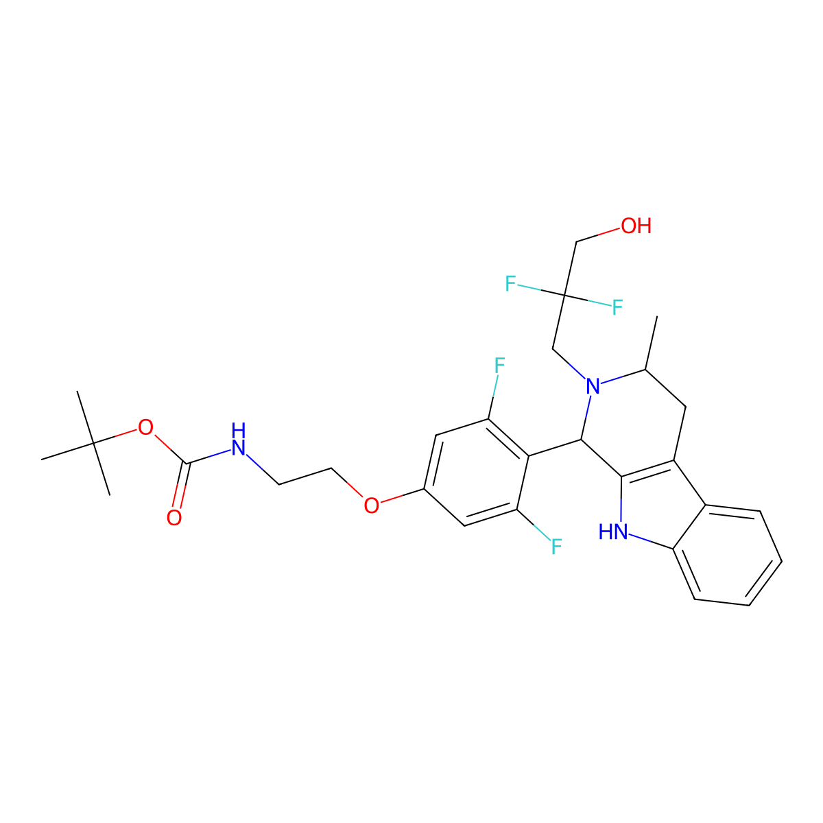 tert-butyl (2-(4-((1R,3R)-2-(2,2-difluoro-3-hydroxypropyl)-3-methyl-2,3,4,9-tetrahydro-1H-pyrido[3,4-b]indol-1-yl)-3,5-difluorophenoxy)ethyl)carbamate molecular structure, CAS 2800900-41-6
