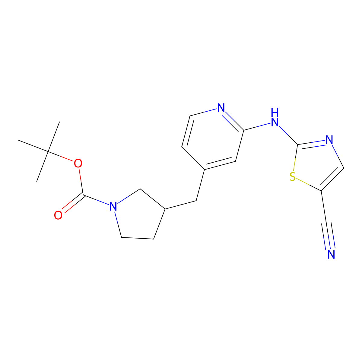 Tert-butyl 3-((2-((5-cyanothiazol-2-yl)amino)pyridin-4-yl)methyl)pyrrolidine-1-carboxylate molecular structure, CAS 2801040-03-7
