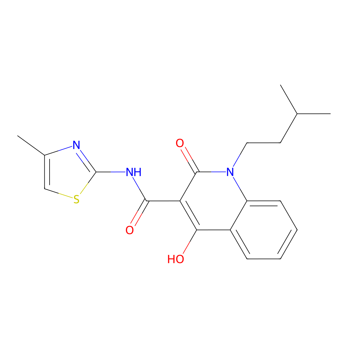 4-hydroxy-1-(3-methylbutyl)-N-(4-methyl-1,3-thiazol-2-yl)-2-oxo-1,2-dihydroquinoline-3-carboxamide molecular structure, CAS 280112-15-4