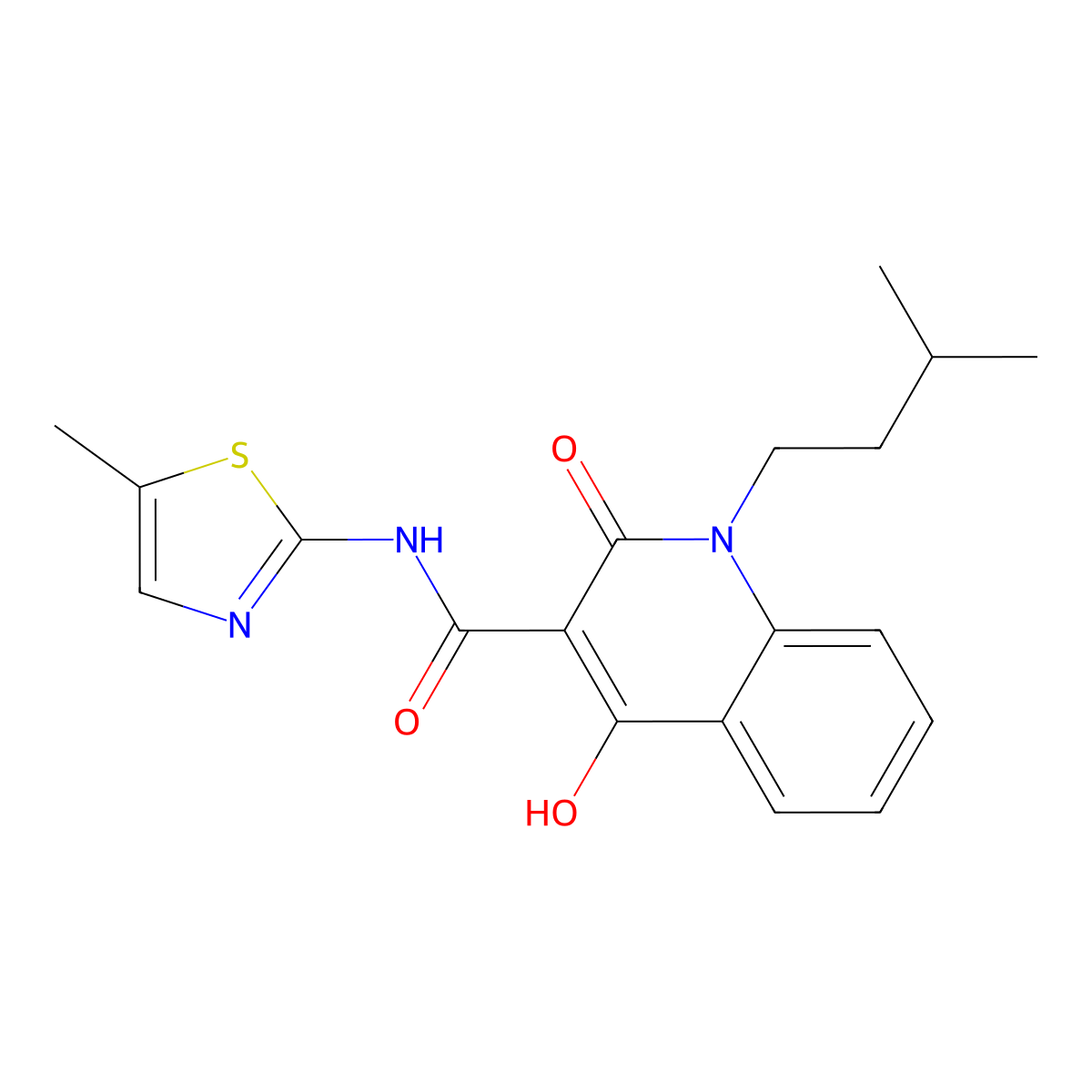 4-hydroxy-1-(3-methylbutyl)-N-(5-methyl-1,3-thiazol-2-yl)-2-oxo-1,2-dihydroquinoline-3-carboxamide molecular structure, CAS 280112-26-7