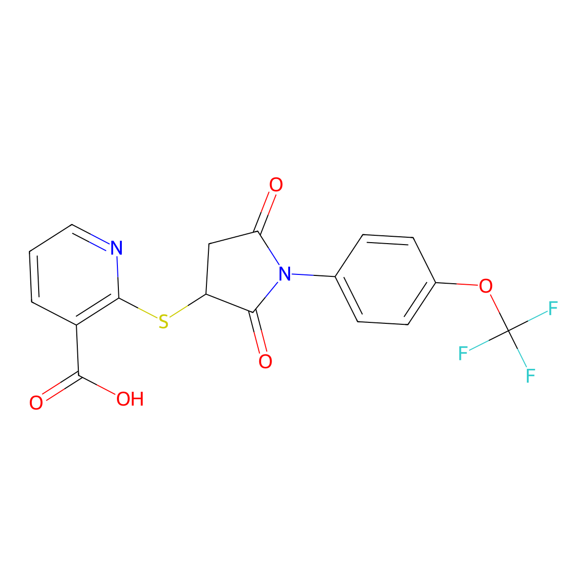 2-((2,5-Dioxo-1-(4-(trifluoromethoxy)phenyl)pyrrolidin-3-yl)thio)nicotinic acid molecular structure, CAS 280133-24-6