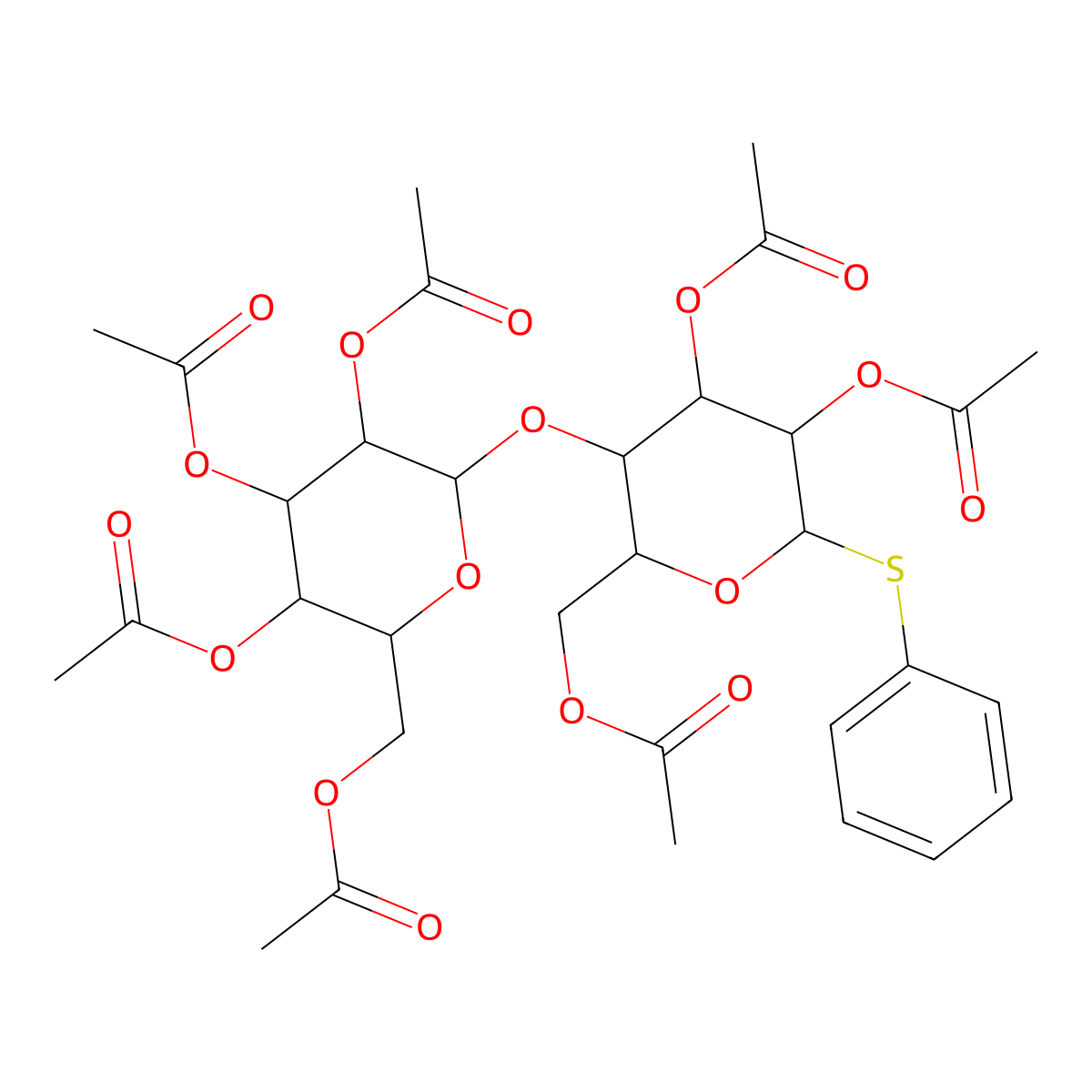 Phenyl 2,3,6-tri-o-acetyl-4-o-(2,3,4,6-tetra-o-acetylhexopyranosyl)-1-thiohexopyranoside molecular structure, CAS 28022-13-1