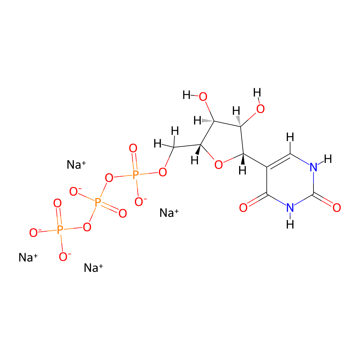 Sodium ((2R,3S,4R,5S)-5-(2,4-dioxo-1,2,3,4-tetrahydropyrimidin-5-yl)-3,4-dihydroxytetrahydrofuran-2-yl)methyl triphosphate molecular structure, CAS 28022-82-4