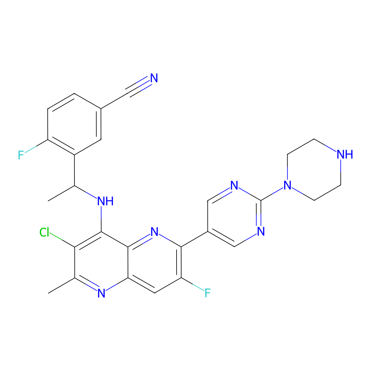 3-[(1R)-1-[[3-chloro-7-fluoro-2-methyl-6-(2-piperazin-1-ylpyrimidin-5-yl)-1,5-naphthyridin-4-yl]amino]ethyl]-4-fluorobenzonitrile molecular structure, CAS 2802461-30-7