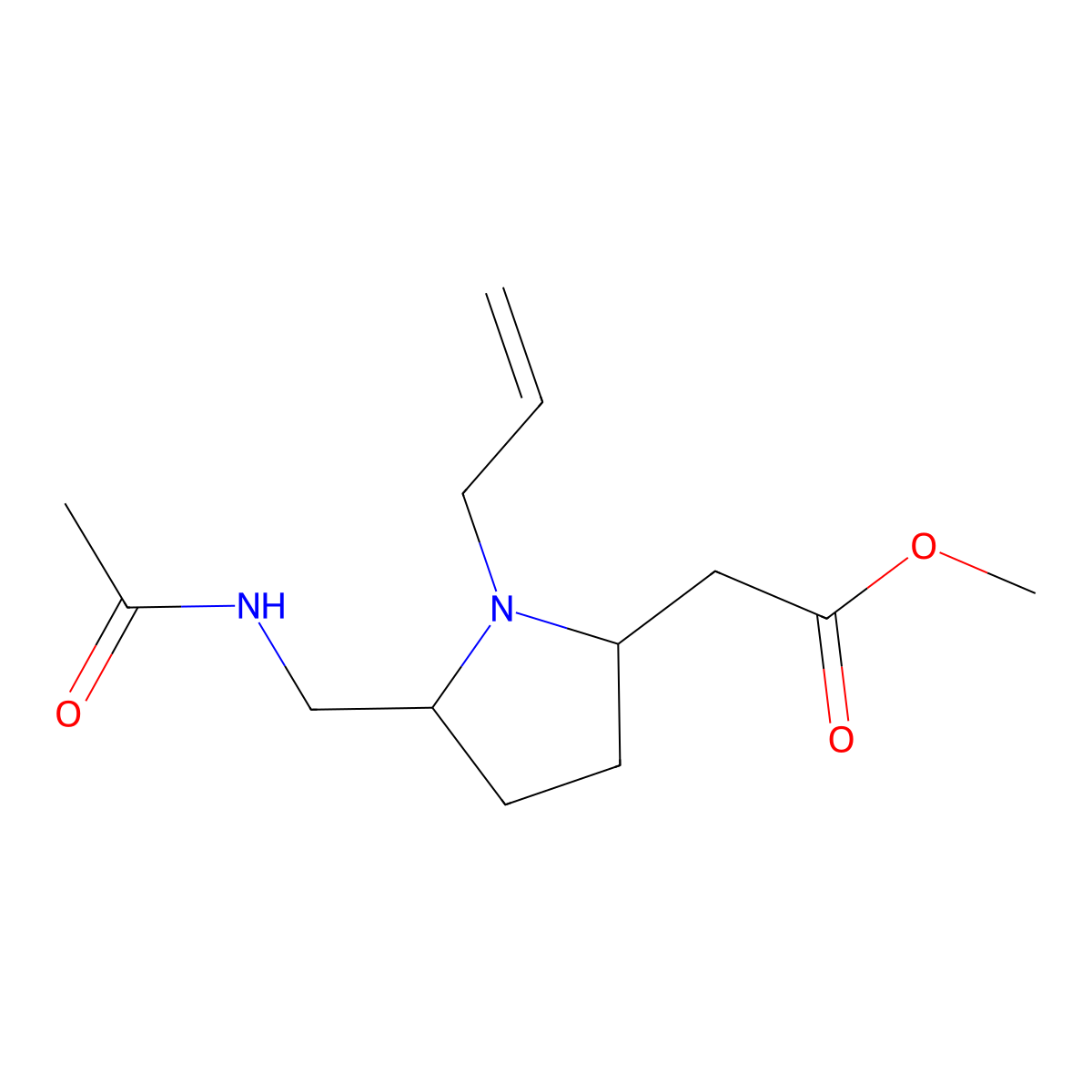 rac-methyl 2-((2R,5S)-5-(acetamidomethyl)-1-allylpyrrolidin-2-yl)acetate molecular structure, CAS 2802681-61-2