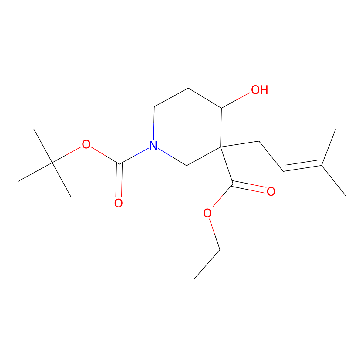 1-(Tert-butyl) 3-ethyl 4-hydroxy-3-(3-methylbut-2-en-1-yl)piperidine-1,3-dicarboxylate molecular structure, CAS 2802681-75-8