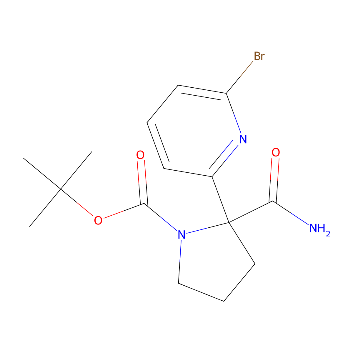 Tert-butyl 2-(6-bromopyridin-2-yl)-2-carbamoylpyrrolidine-1-carboxylate molecular structure, CAS 2802681-81-6