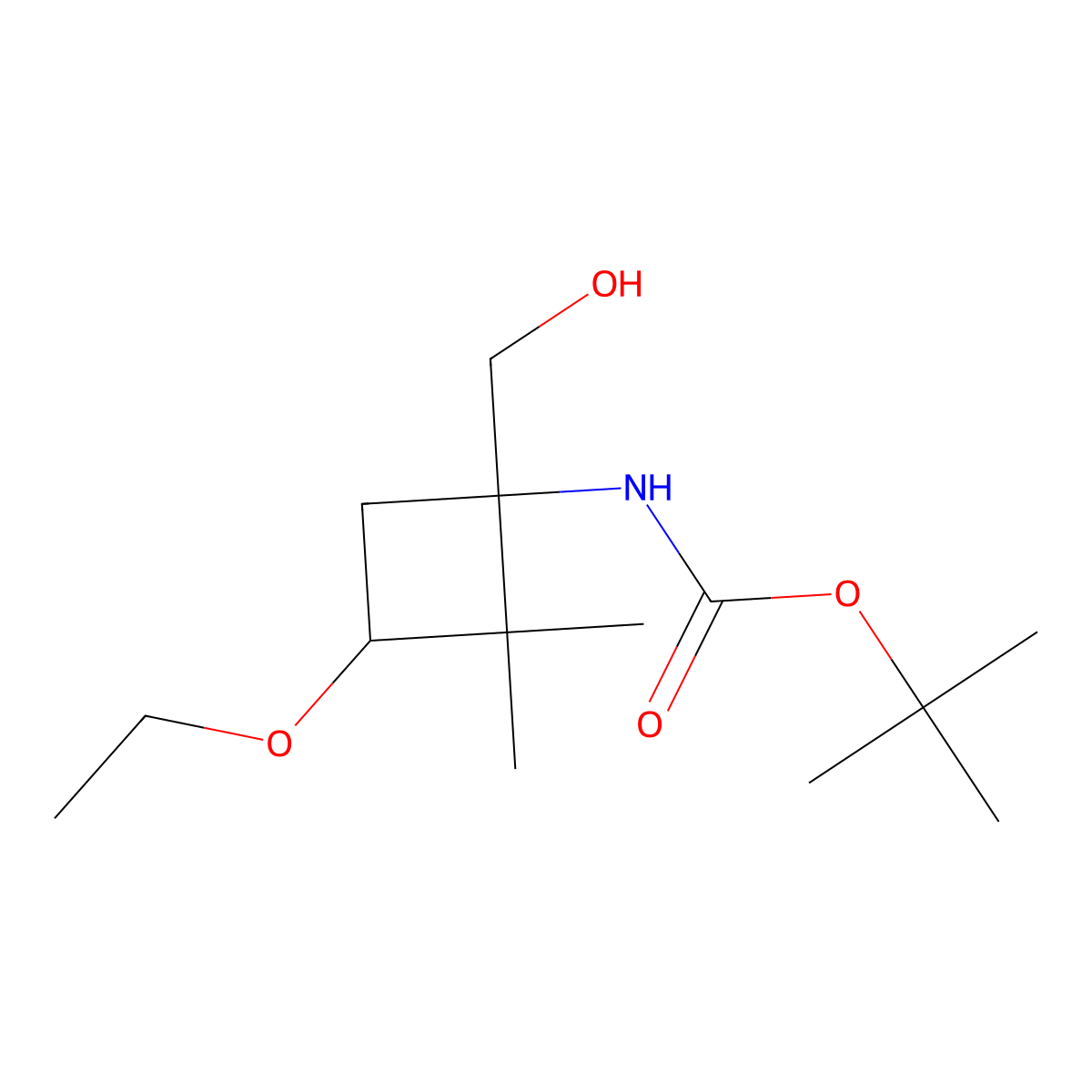 rac-tert-butyl N-[(1R,3S)-3-ethoxy-1-(hydroxymethyl)-2,2-dimethylcyclobutyl]carbamate molecular structure, CAS 2803354-32-5