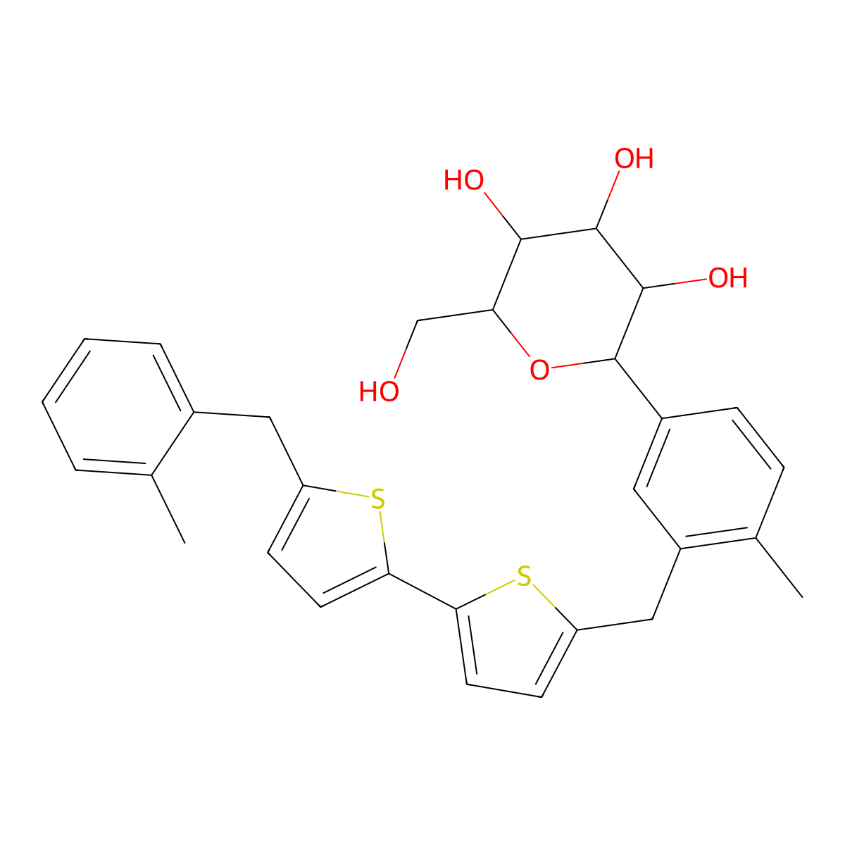 (2R,3S,4R,5R,6S)-2-(hydroxymethyl)-6-(4-methyl-3-((5'-(2-methylbenzyl)-[2,2'-bithiophen]-5-yl)methyl)phenyl)tetrahydro-2H-pyran-3,4,5-triol molecular structure, CAS 2803375-40-6