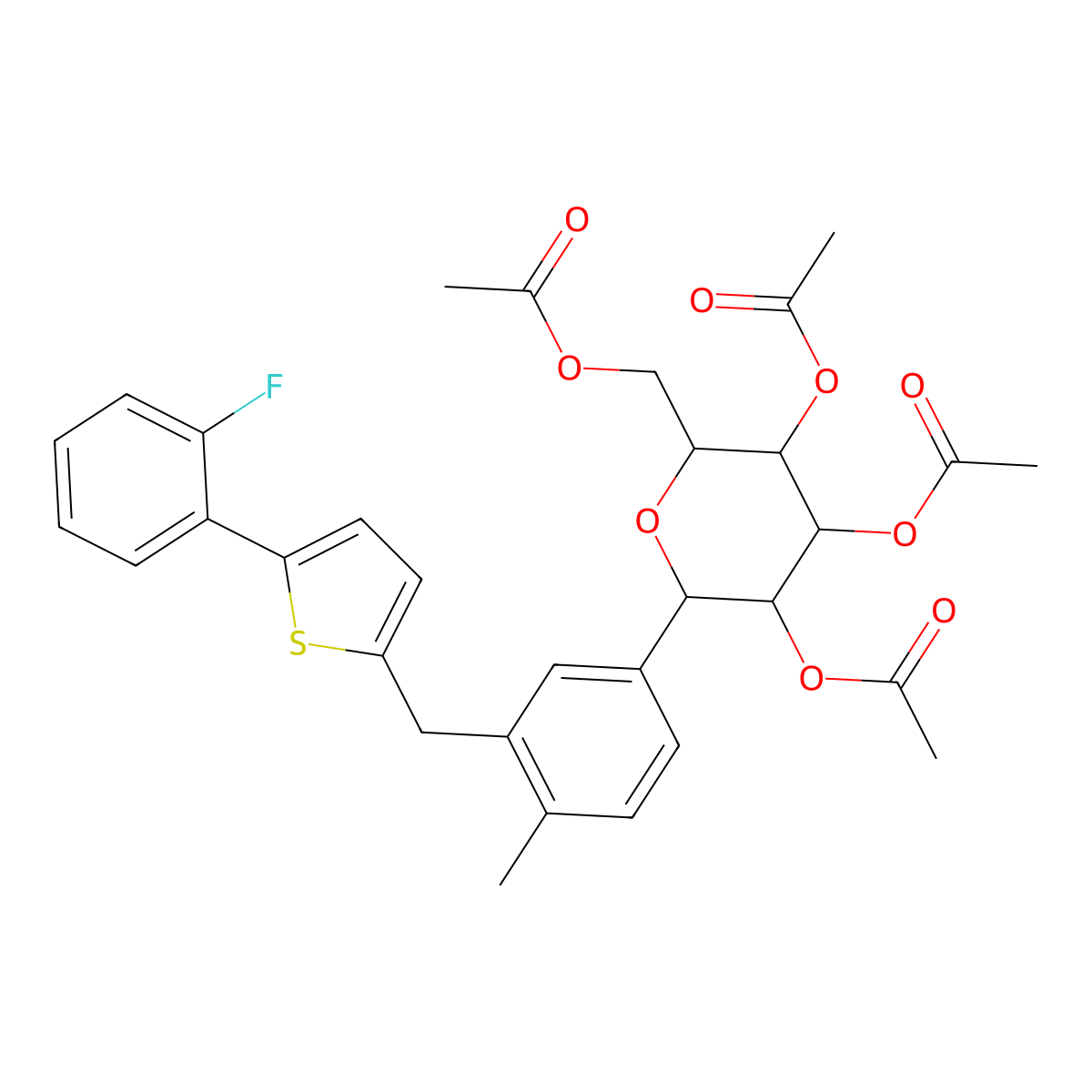 (2R,3R,4R,5S,6S)-2-(acetoxymethyl)-6-(3-((5-(2-fluorophenyl)thiophen-2-yl)methyl)-4-methylphenyl)tetrahydro-2H-pyran-3,4,5-triyl triacetate molecular structure, CAS 2803376-82-9
