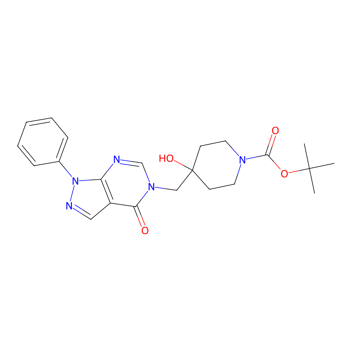 tert-butyl 4-hydroxy-4-((4-oxo-1-phenyl-1H-pyrazolo[3,4-d]pyrimidin-5(4H)-yl)methyl)piperidine-1-carboxylate molecular structure, CAS 2803402-22-2