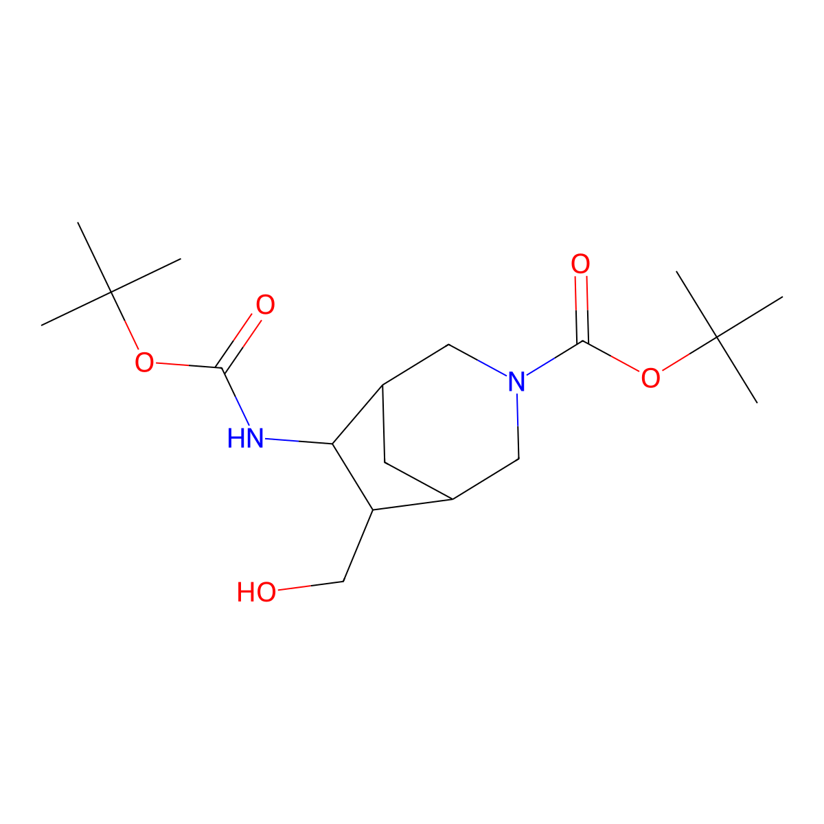 rac-tert-butyl (1R,5R,6R,7S)-6-{[(tert-butoxy)carbonyl]amino}-7-(hydroxymethyl)-3-azabicyclo[3.2.1]octane-3-carboxylate molecular structure, CAS 2803412-54-4