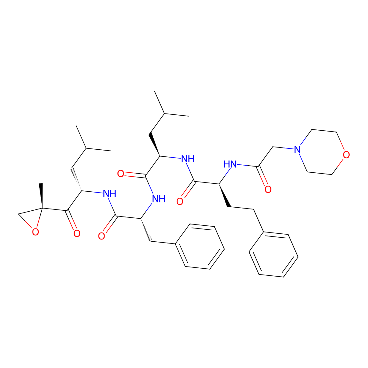 (R)-4-Methyl-N-((R)-1-(((S)-4-Methyl-1-((R)-2-Methyloxiran-2-yl)-1-oxopentan-2-yl)aMino)-1-oxo-3-phenylpropan-2-yl)-2-((S)-2-(2-MorpholinoacetaMido)-4-phenylbutanaMido)pentanaMide molecular structure, CAS 2803420-45-1