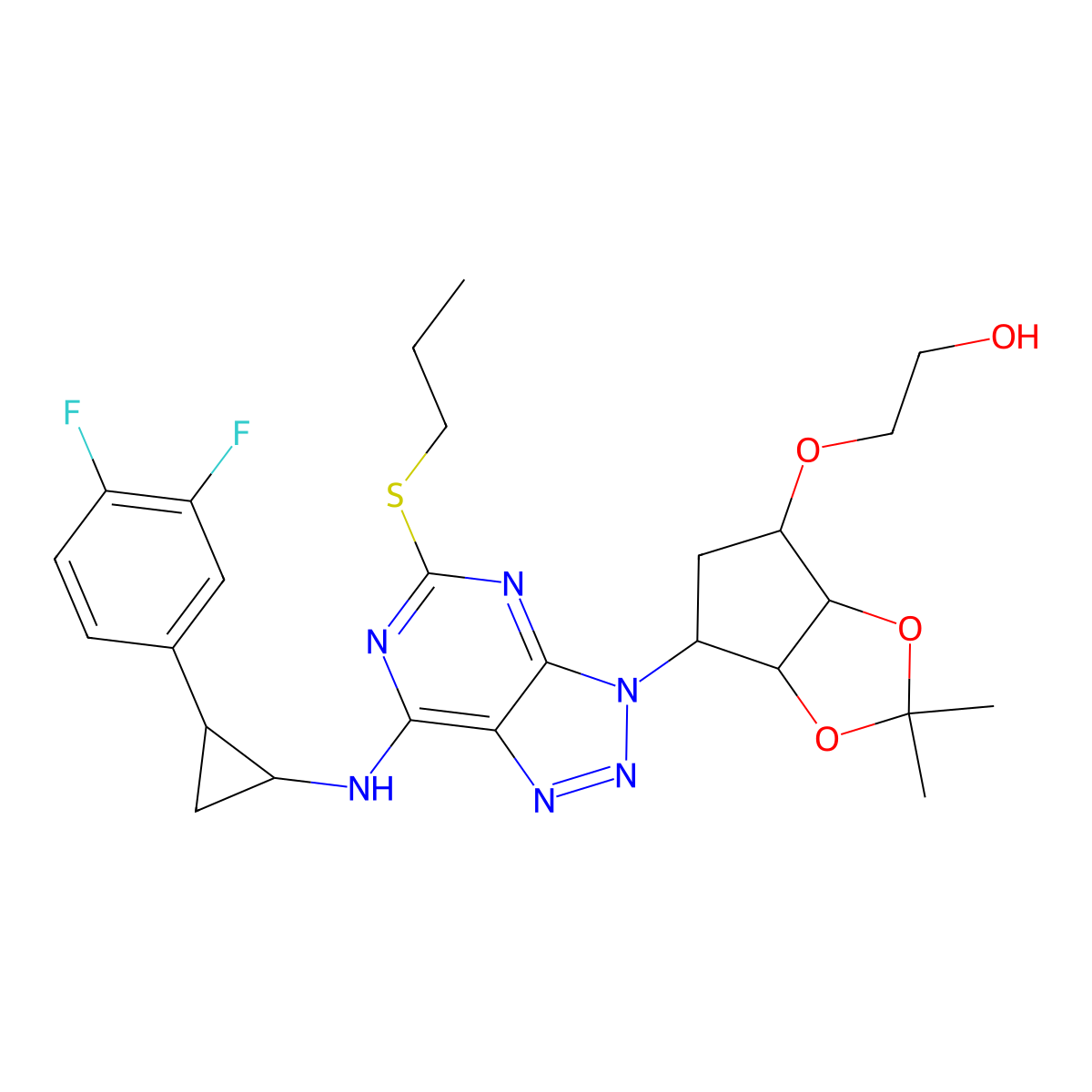 2-(((3aS,4R,6S,6aR)-6-(7-(((1R,2S)-2-(3,4-difluorophenyl)cyclopropyl)amino)-5-(propylthio)-3H-[1,2,3]triazolo[4,5-d]pyrimidin-3-yl)-2,2-dimethyltetrahydro-3aH-cyclopenta[d][1,3]dioxol-4-yl)oxy)ethanol molecular structure, CAS 2803420-77-9