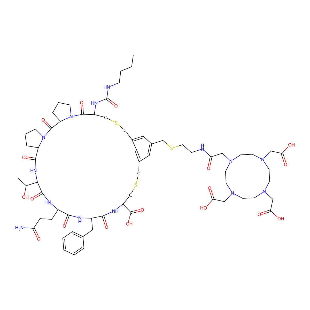(5R,11S,17S,20S,23S,26S,29R)-23-(3-amino-3-oxopropyl)-26-benzyl-5-(butylcarbamoylamino)-20-[(1R)-1-hydroxyethyl]-6,12,18,21,24,27-hexaoxo-35-[2-[[2-[4,7,10-tris(carboxymethyl)-1,4,7,10-tetrazacyclododec-1-yl]acetyl]amino]ethylsulfanylmethyl]-3,31-dithia-7,13,19,22,25,28-hexazatetracyclo[31.3.1.07,11.013,17]heptatriaconta-1(37),33,35-triene-29-carboxylic acid molecular structure, CAS 2803421-14-7