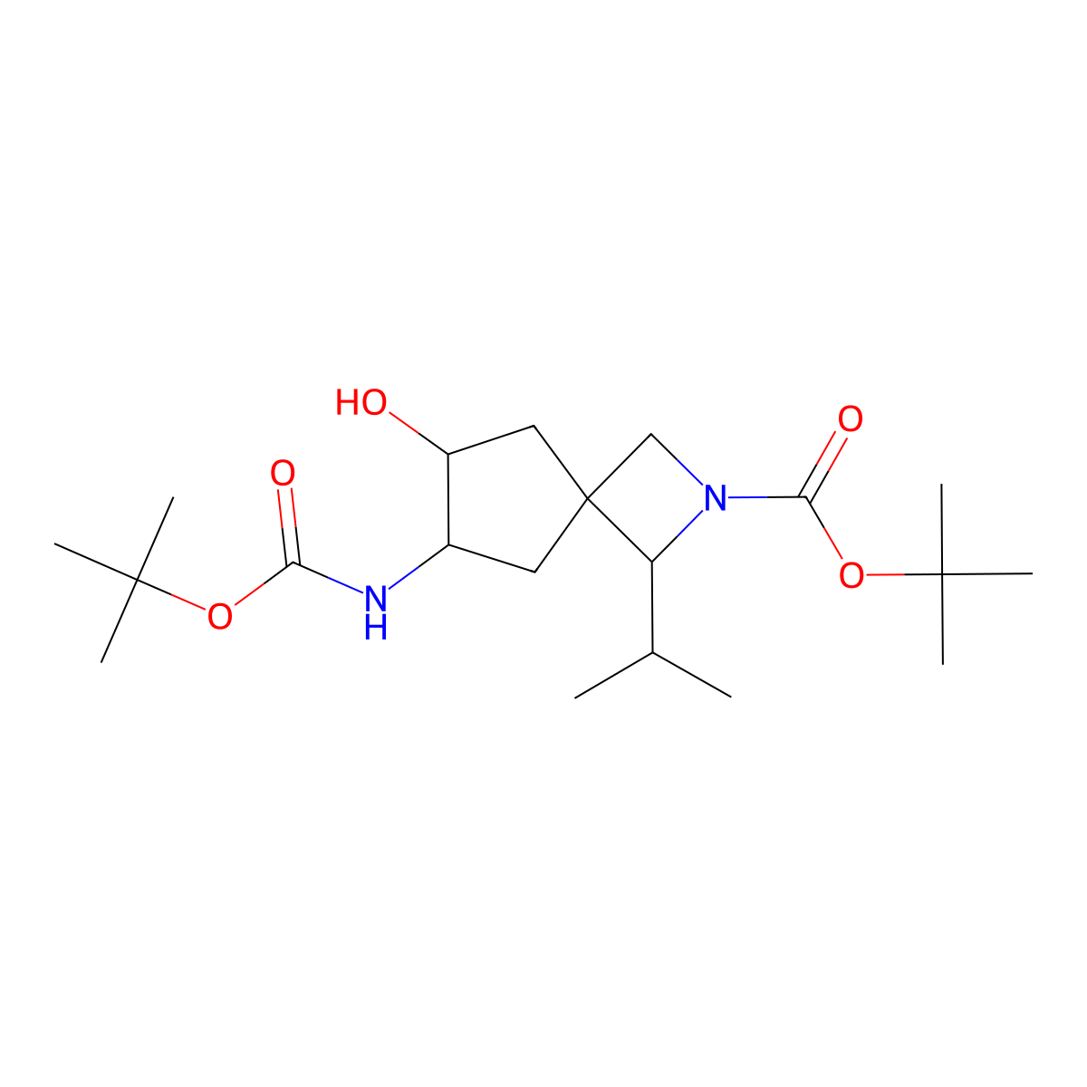 rac-tert-butyl (6R,7R)-6-{[(tert-butoxy)carbonyl]amino}-7-hydroxy-1-(propan-2-yl)-2-azaspiro[3.4]octane-2-carboxylate molecular structure, CAS 2803444-20-2