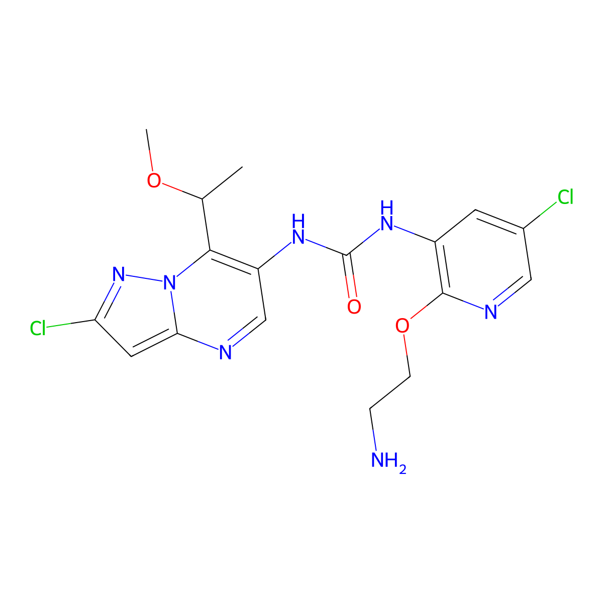 1-[2-(2-Aminoethoxy)-5-chloro-3-pyridinyl]-3-[2-chloro-7-(1-methoxyethyl)pyrazolo[1,5-a]pyrimidin-6-yl]urea molecular structure, CAS 2803455-94-7