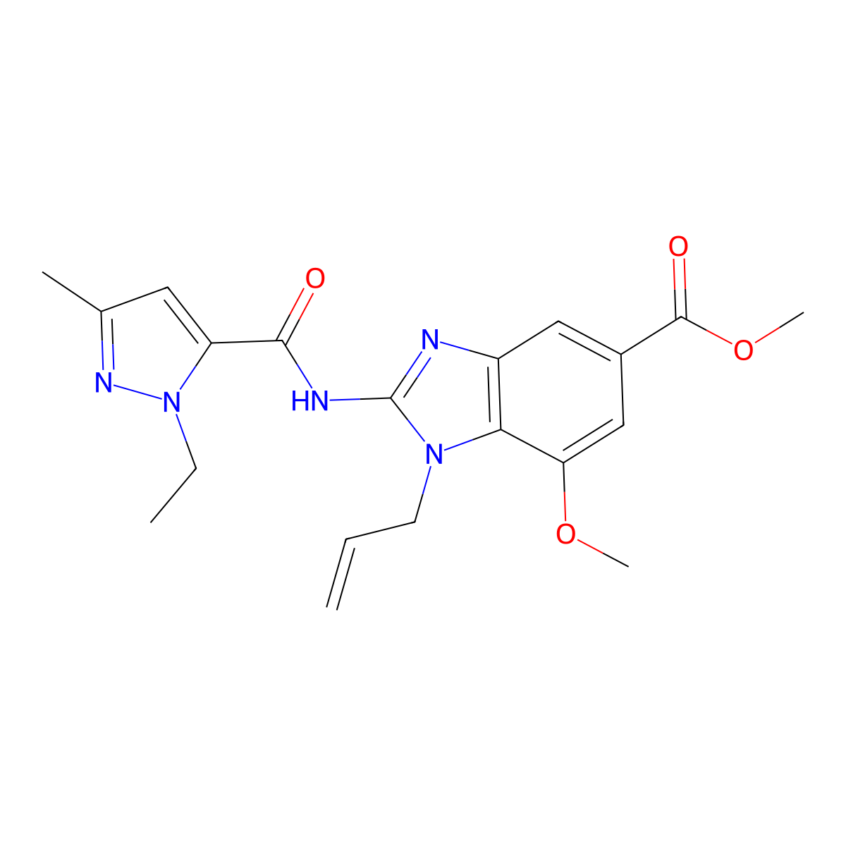 Methyl 2-[(2-ethyl-5-methylpyrazole-3-carbonyl)amino]-7-methoxy-1-prop-2-enylbenzimidazole-5-carboxylate molecular structure, CAS 2803476-41-5