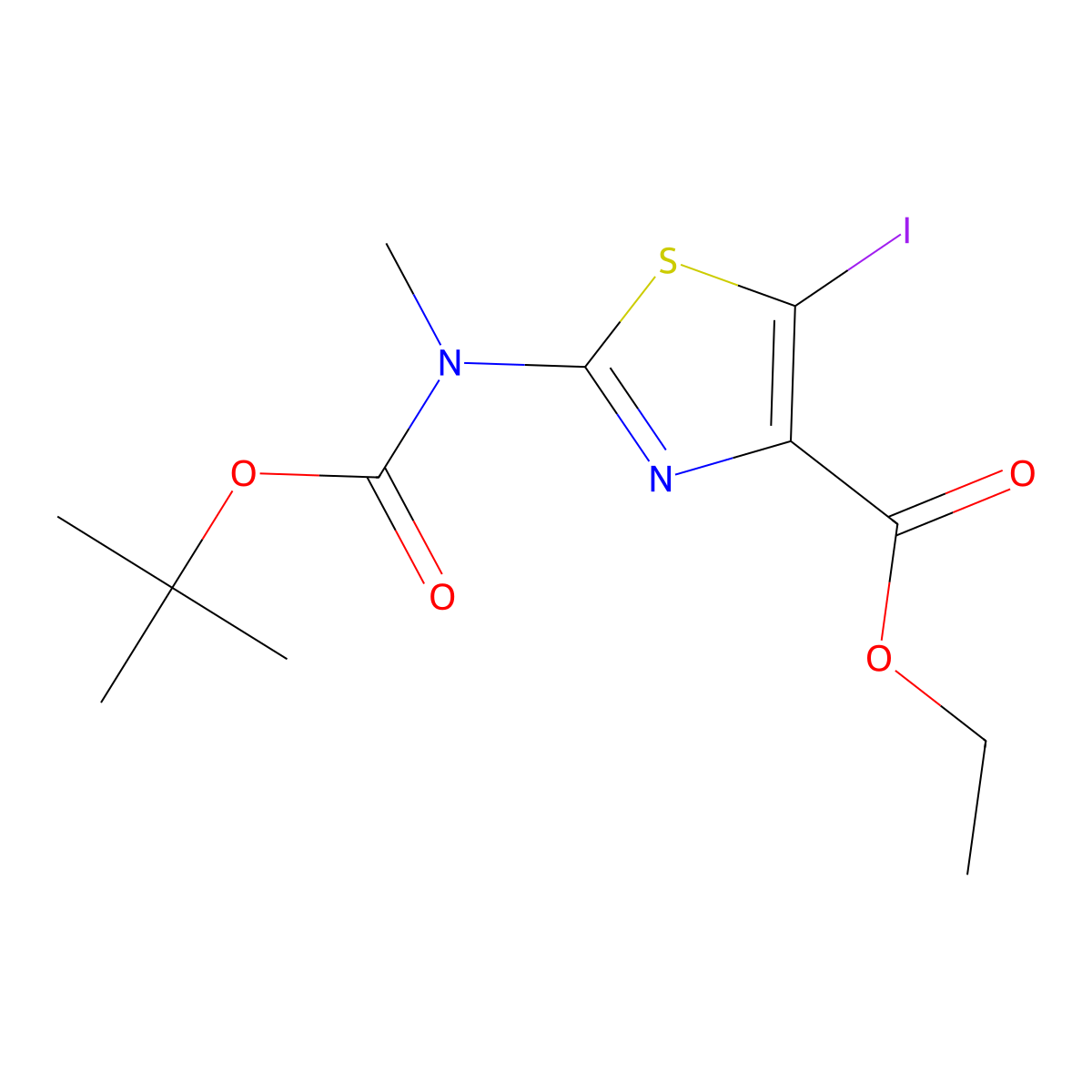Ethyl 2-((tert-butoxycarbonyl)(methyl)amino)-5-iodothiazole-4-carboxylate molecular structure, CAS 2803476-96-0
