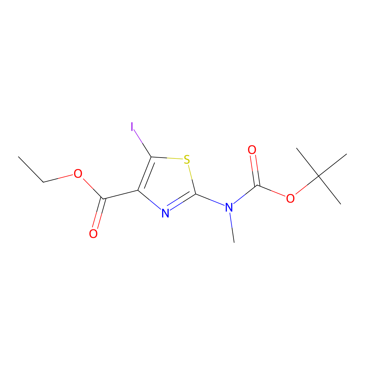 Ethyl 2-((tert-butoxycarbonyl)(methyl)amino)-5-iodothiazole-4-carboxylate molecular structure, CAS 2803476-96-0