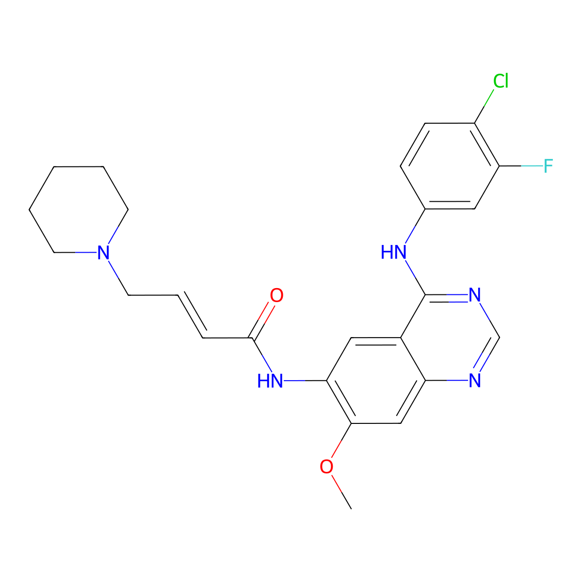 (E)-N-(4-((4-Chloro-3-fluorophenyl)amino)-7-methoxyquinazolin-6-yl)-4-(piperidin-1-yl)but-2-enamide (Dacomitinib Impurity) molecular structure, CAS 2803478-54-6