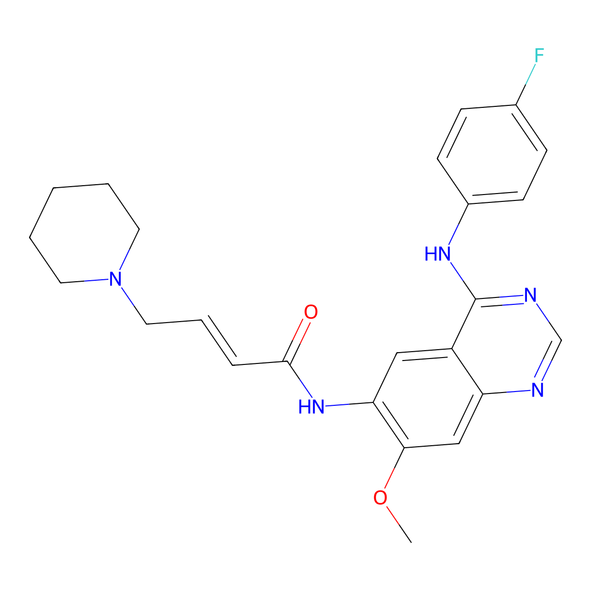 (E)-N-(4-((4-Fluorophenyl)amino)-7-methoxyquinazolin-6-yl)-4-(piperidin-1-yl)but-2-enamide (Dacomitinib Impurity) molecular structure, CAS 2803478-61-5