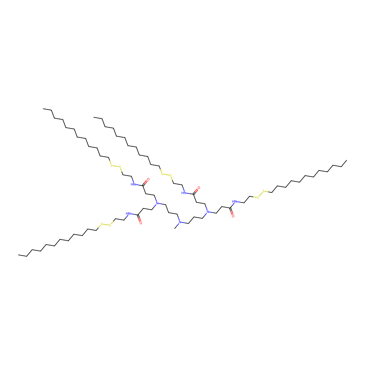 3-[3-[3-[bis[3-[2-(dodecyldisulfanyl)ethylamino]-3-oxopropyl]amino]propyl-methylamino]propyl-[3-[2-(dodecyldisulfanyl)ethylamino]-3-oxopropyl]amino]-N-[2-(dodecyldisulfanyl)ethyl]propanamide molecular structure, CAS 2803699-70-7