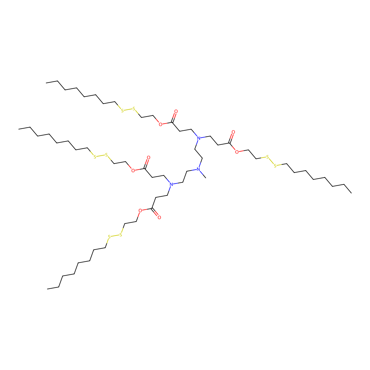Tetrakis(2-(octyldisulfaneyl)ethyl) 3,3',3'',3'''-(((methylazanediyl)bis(ethane-2,1-diyl))bis(azanetriyl))tetrapropionate molecular structure, CAS 2803699-72-9