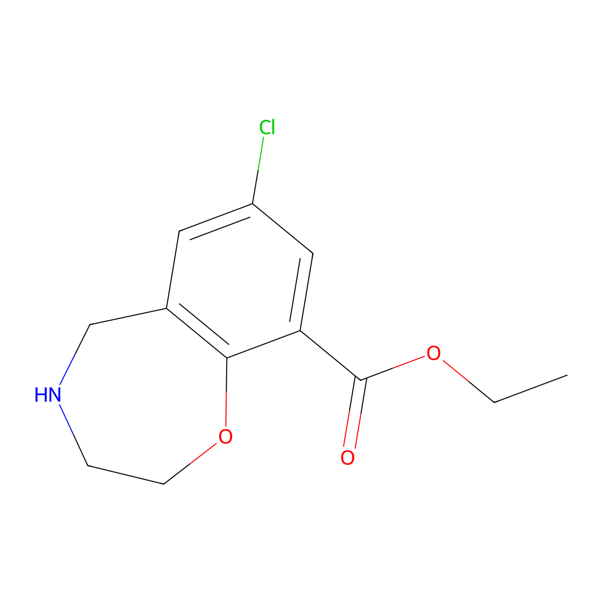 Ethyl 7-chloro-2,3,4,5-tetrahydro-1,4-benzoxazepine-9-carboxylate molecular structure, CAS 2803826-84-6