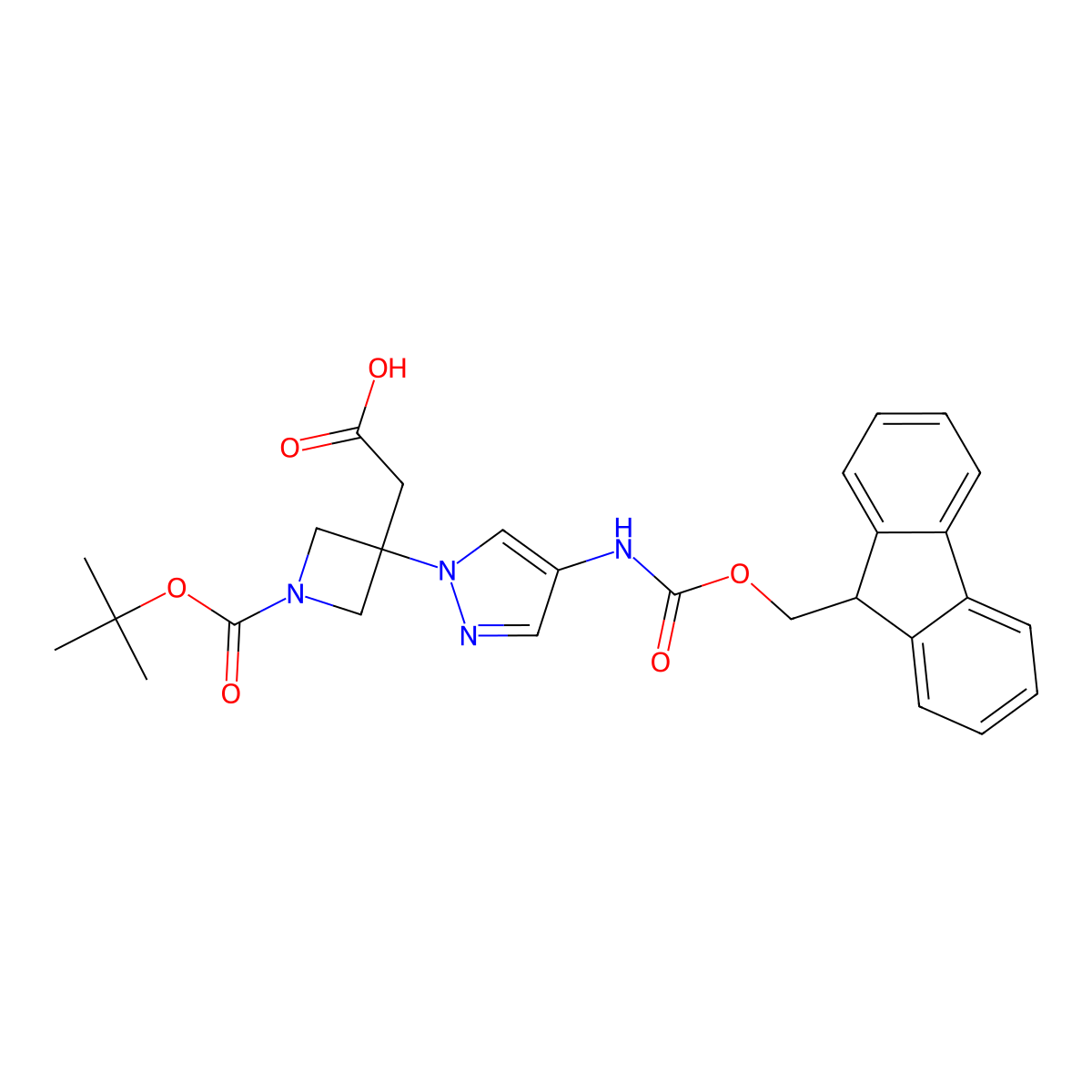 2-{1-[(tert-butoxy)carbonyl]-3-[4-({[(9H-fluoren-9-yl)methoxy]carbonyl}amino)-1H-pyrazol-1-yl]azetidin-3-yl}acetic acid molecular structure, CAS 2803826-94-8
