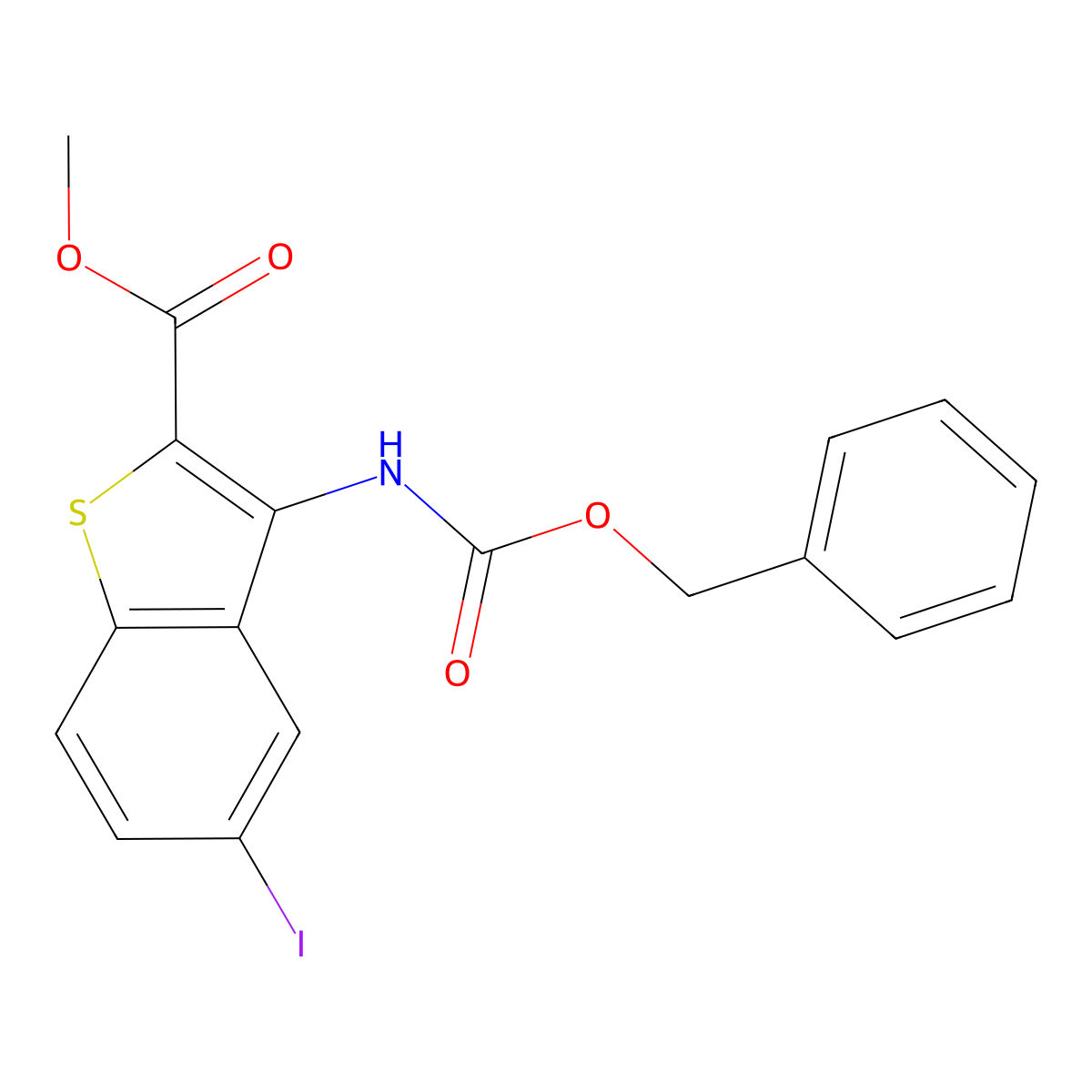 Methyl 3-{[(benzyloxy)carbonyl]amino}-5-iodo-1-benzothiophene-2-carboxylate molecular structure, CAS 2803835-24-5