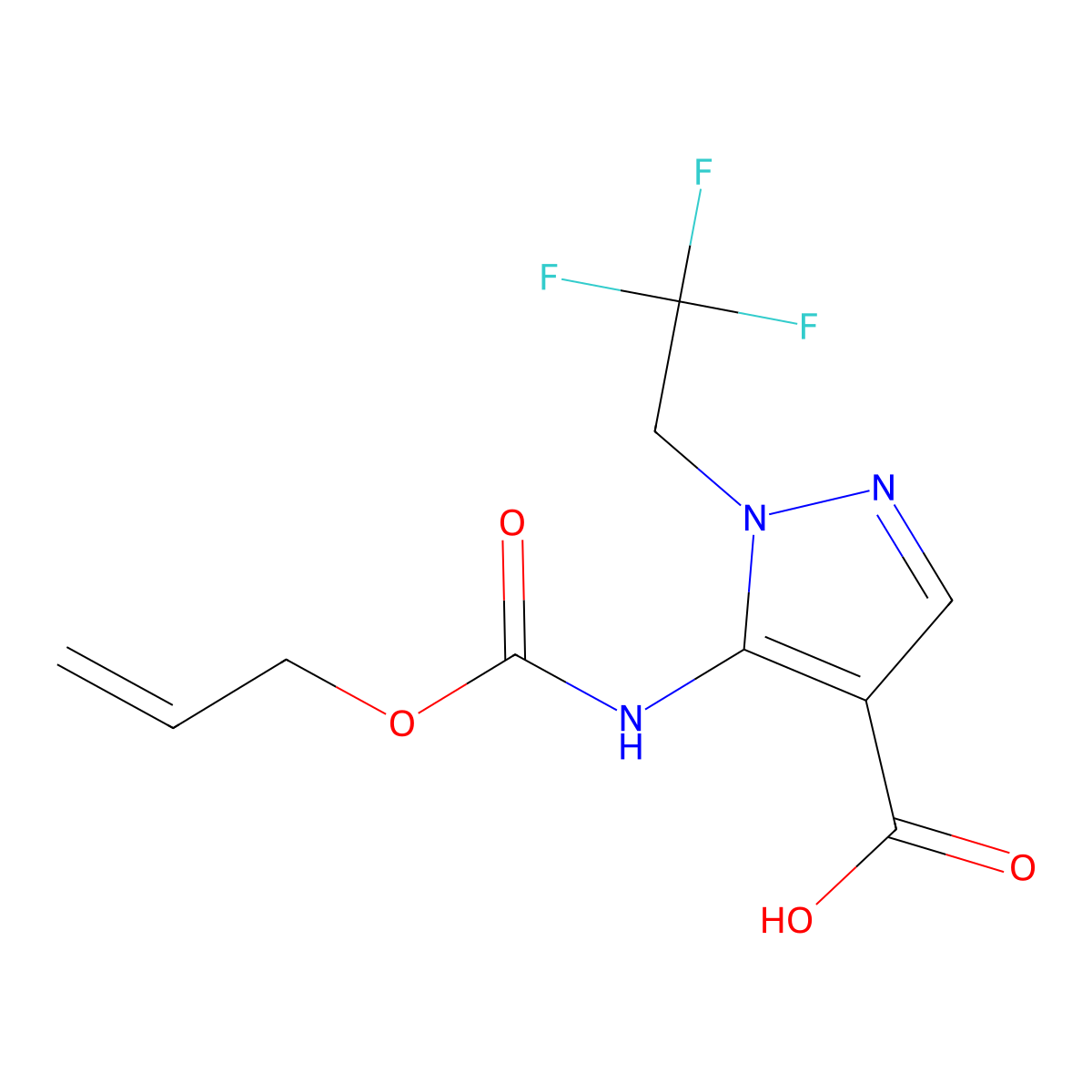 5-{[(prop-2-en-1-yloxy)carbonyl]amino}-1-(2,2,2-trifluoroethyl)-1H-pyrazole-4-carboxylic acid molecular structure, CAS 2803852-42-6