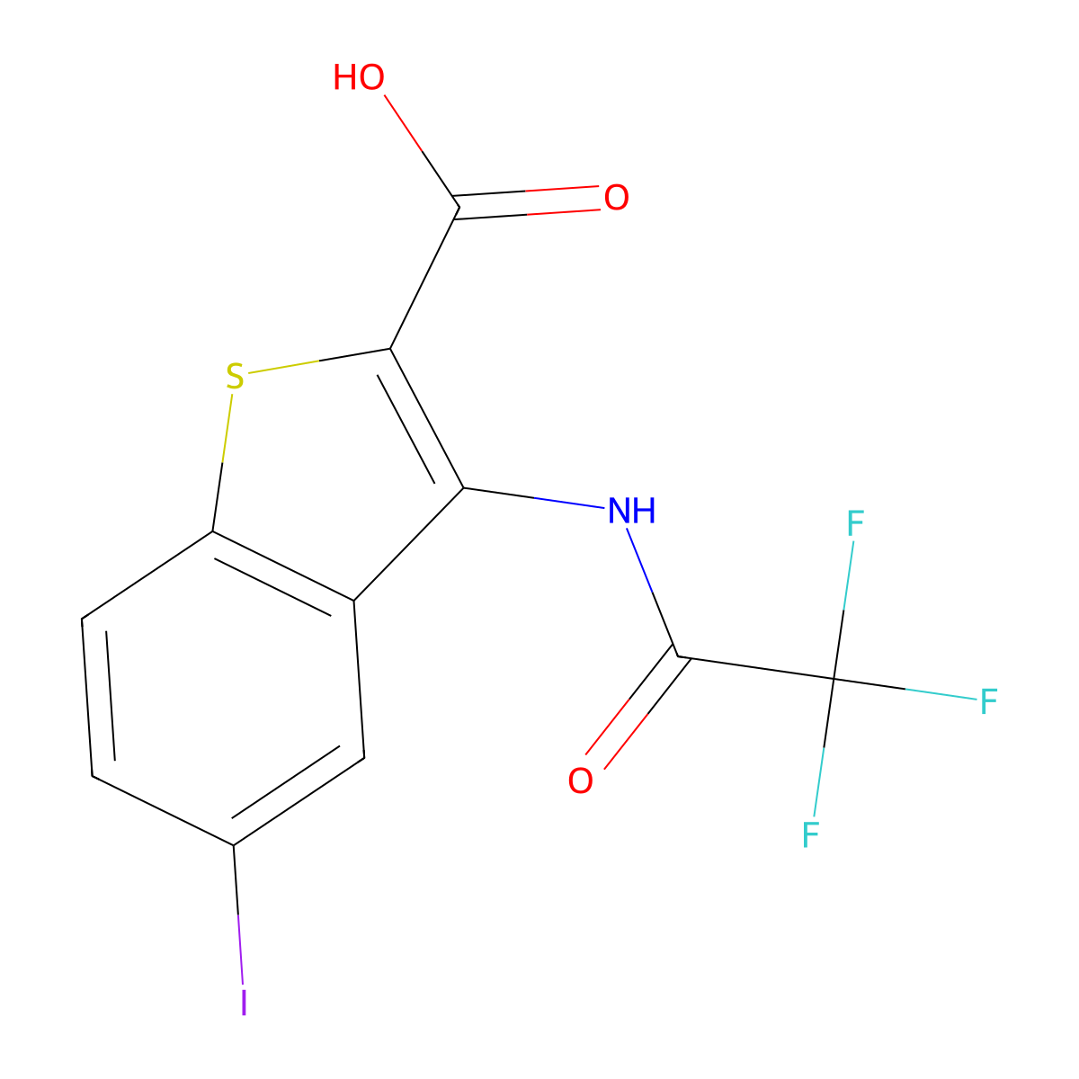 5-Iodo-3-(2,2,2-trifluoroacetamido)-1-benzothiophene-2-carboxylic acid molecular structure, CAS 2803853-08-7