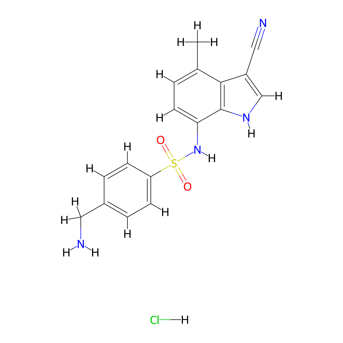 4-(aminomethyl)-N-(3-cyano-4-methyl-1H-indol-7-yl)benzene-1-sulfonamide hydrochloride molecular structure, CAS 2803856-61-1